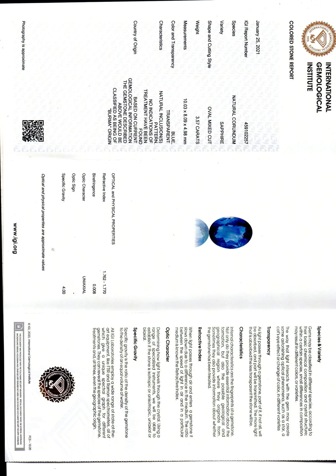 3.57 Ct IGI Certified Unheated Untreated Natural Burma Blue Sapphire AAA - Venus Gems