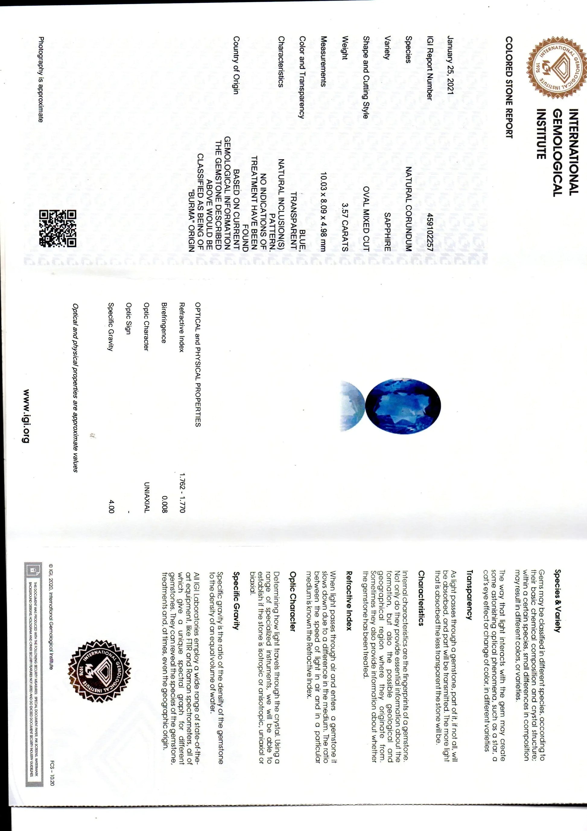 3.57 Ct IGI Certified Unheated Untreated Natural Burma Blue Sapphire AAA - Venus Gems