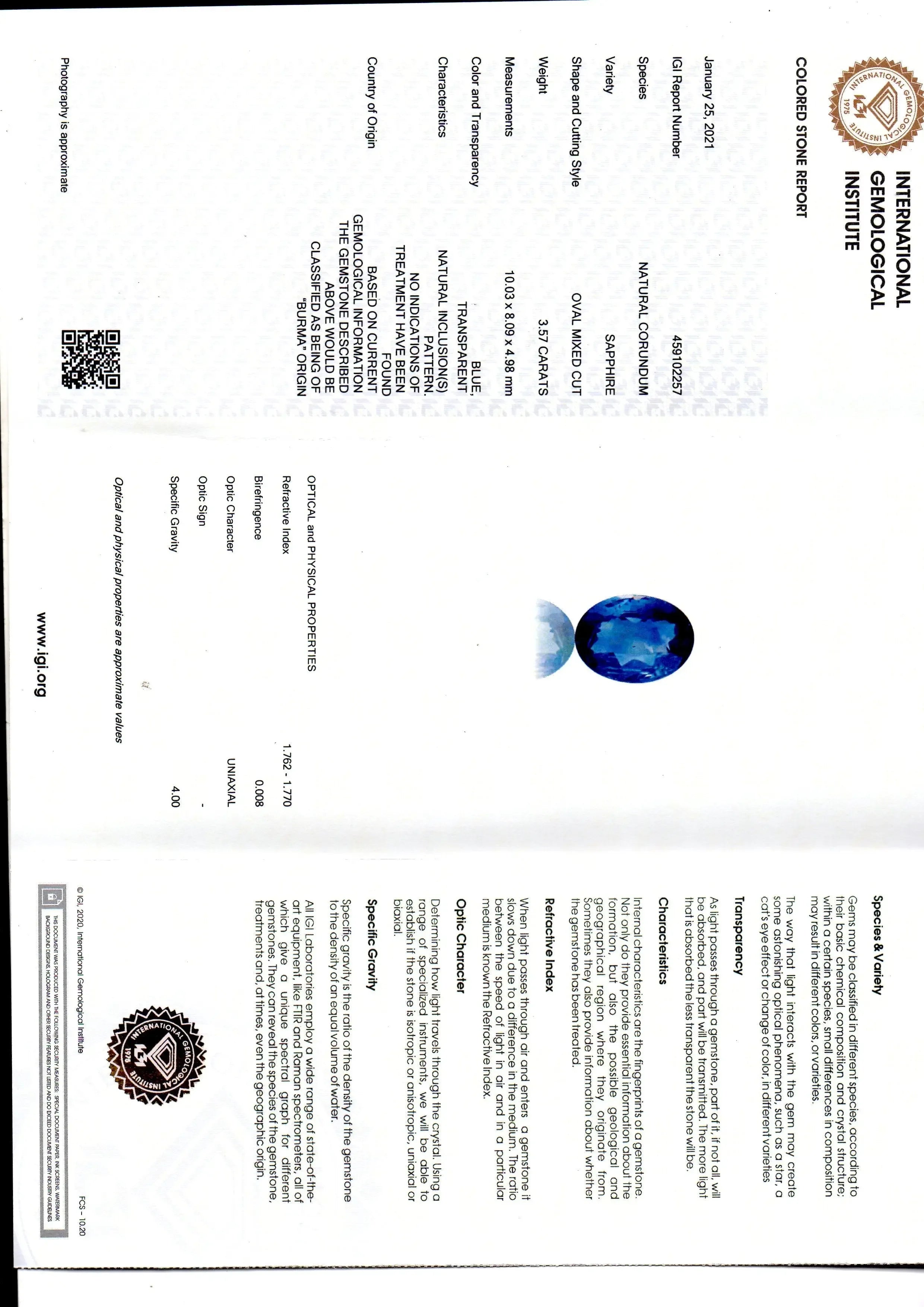 3.57 Ct IGI Certified Unheated Untreated Natural Burma Blue Sapphire AAA - Venus Gems