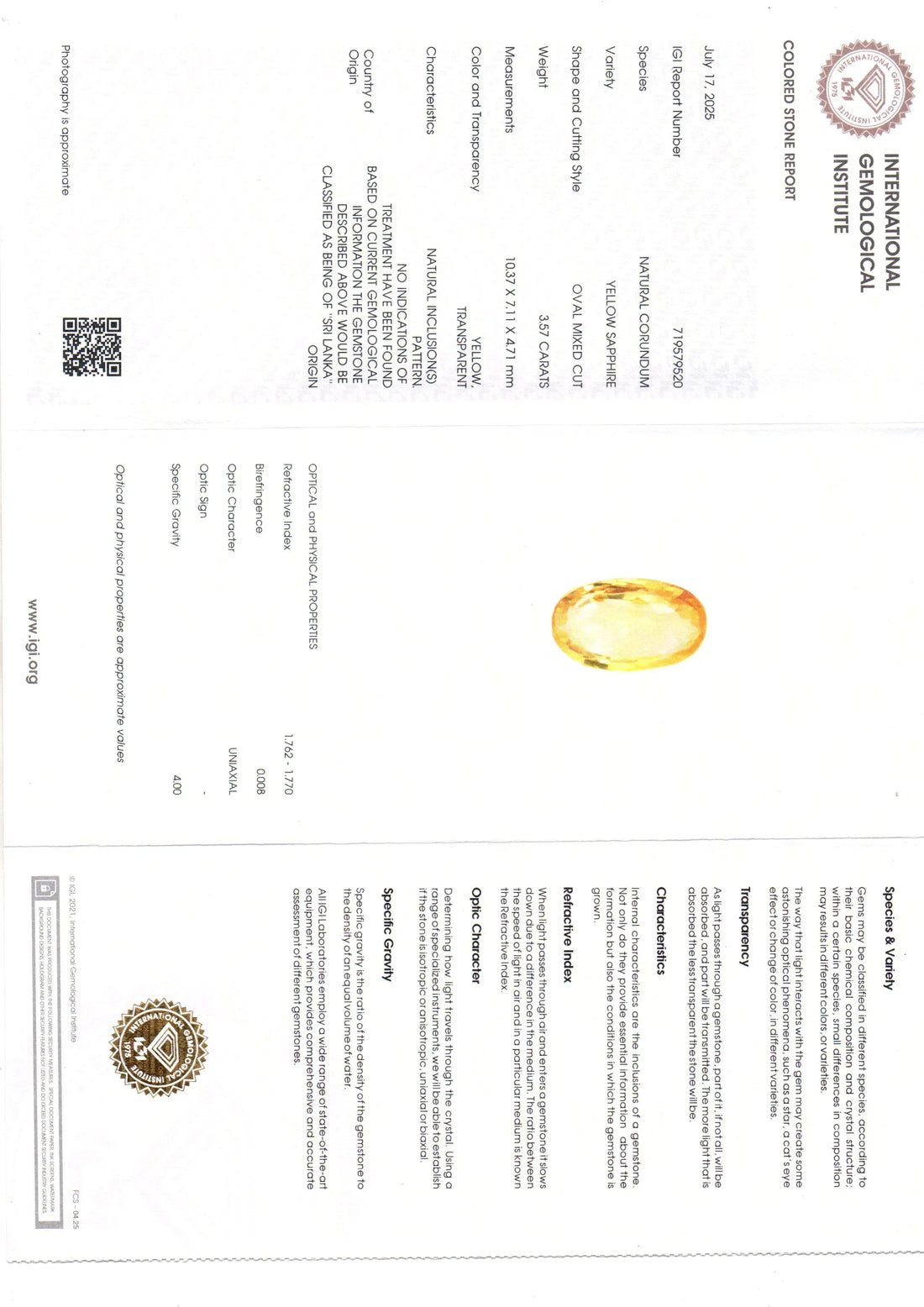 3.57 Ct IGI Certified Unheated Untreated Natural Ceylon Yellow Sapphire - Venus Gems