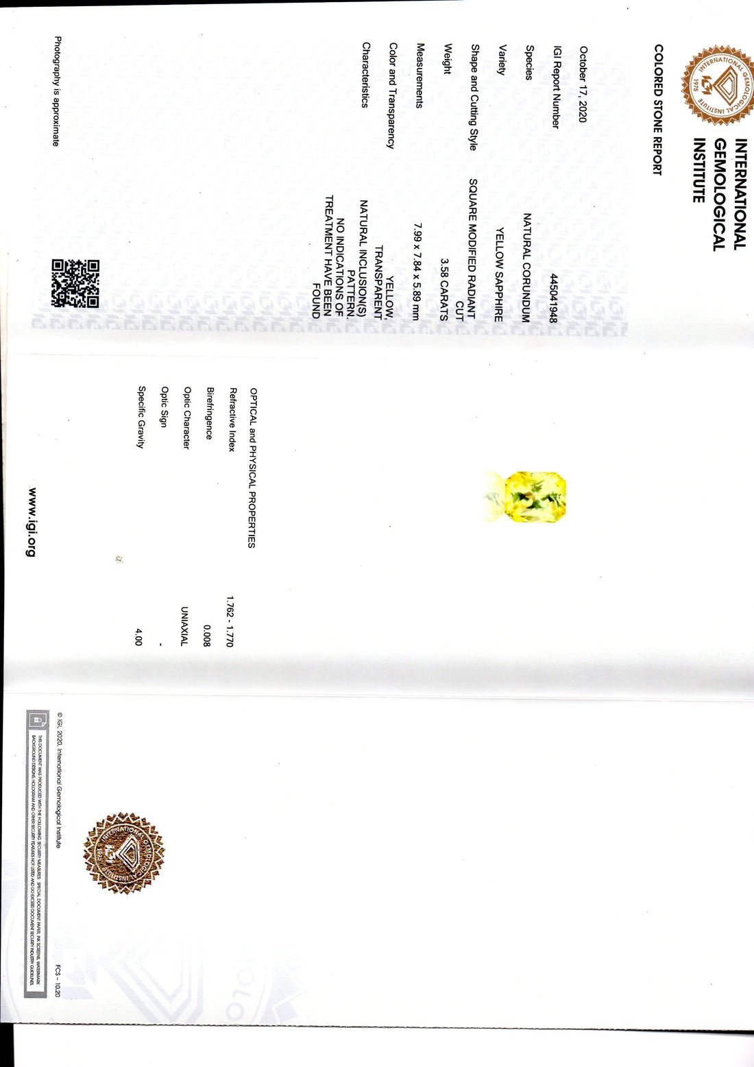 3.58 Ct IGI Certified Unheated Untreated Natural Ceylon Yellow Sapphire AAA
