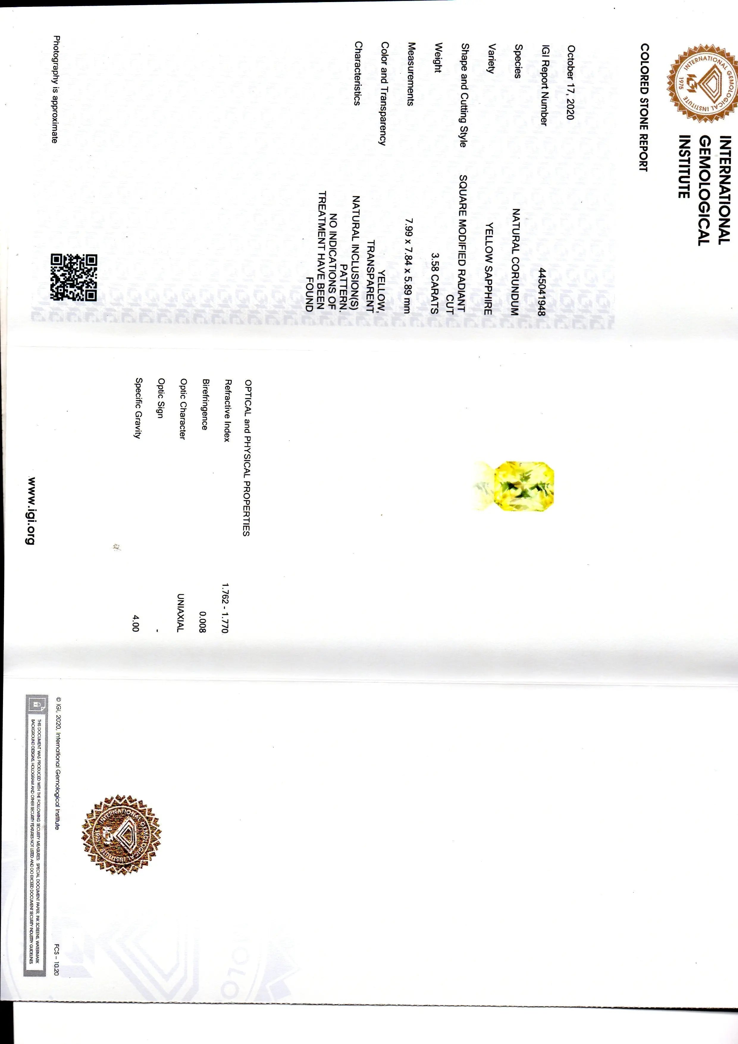 3.58 Ct IGI Certified Unheated Untreated Natural Ceylon Yellow Sapphire AAA