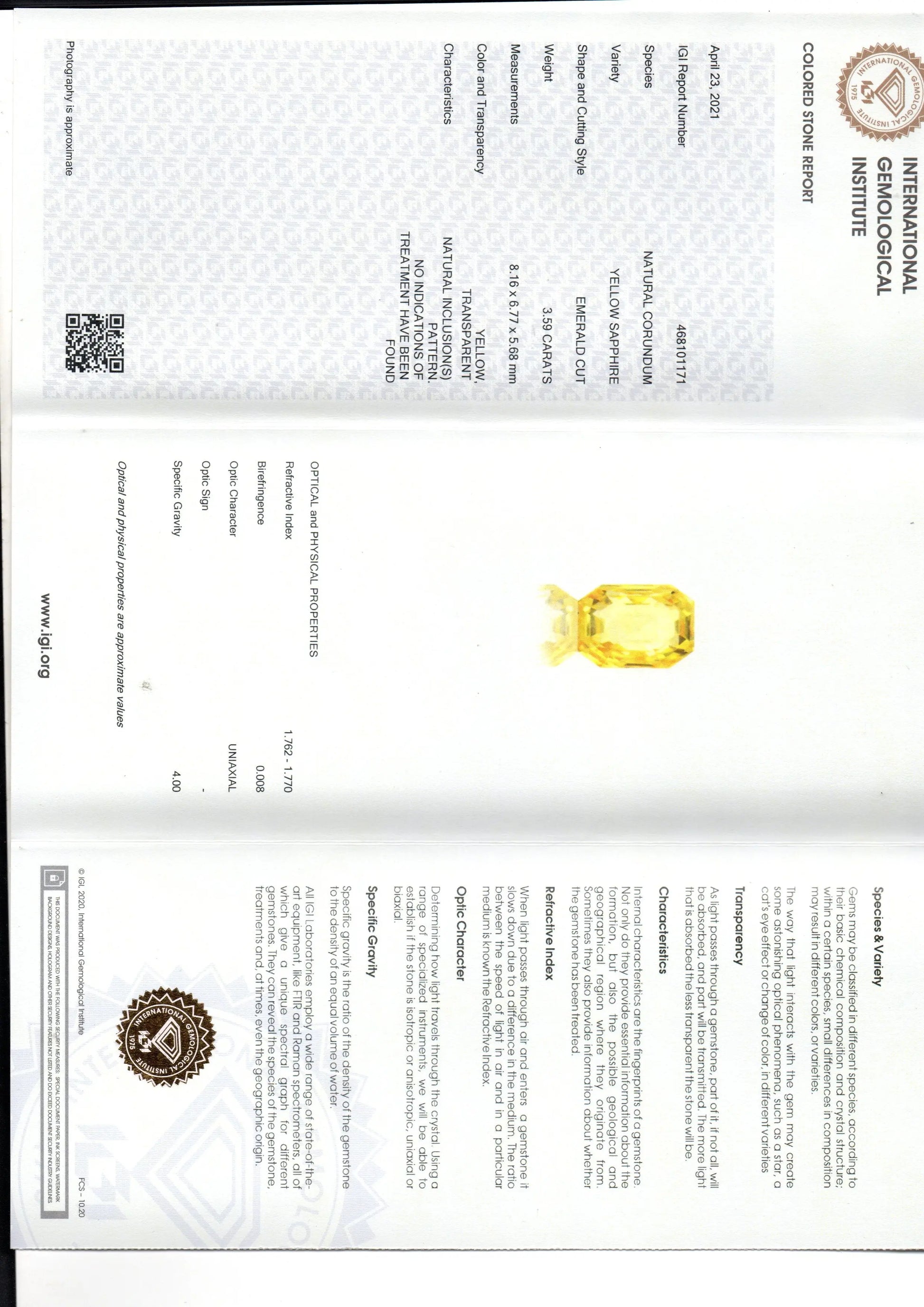 3.59 Ct IGI Certified Unheated Untreated Natural Ceylon Yellow Sapphire AAAAA