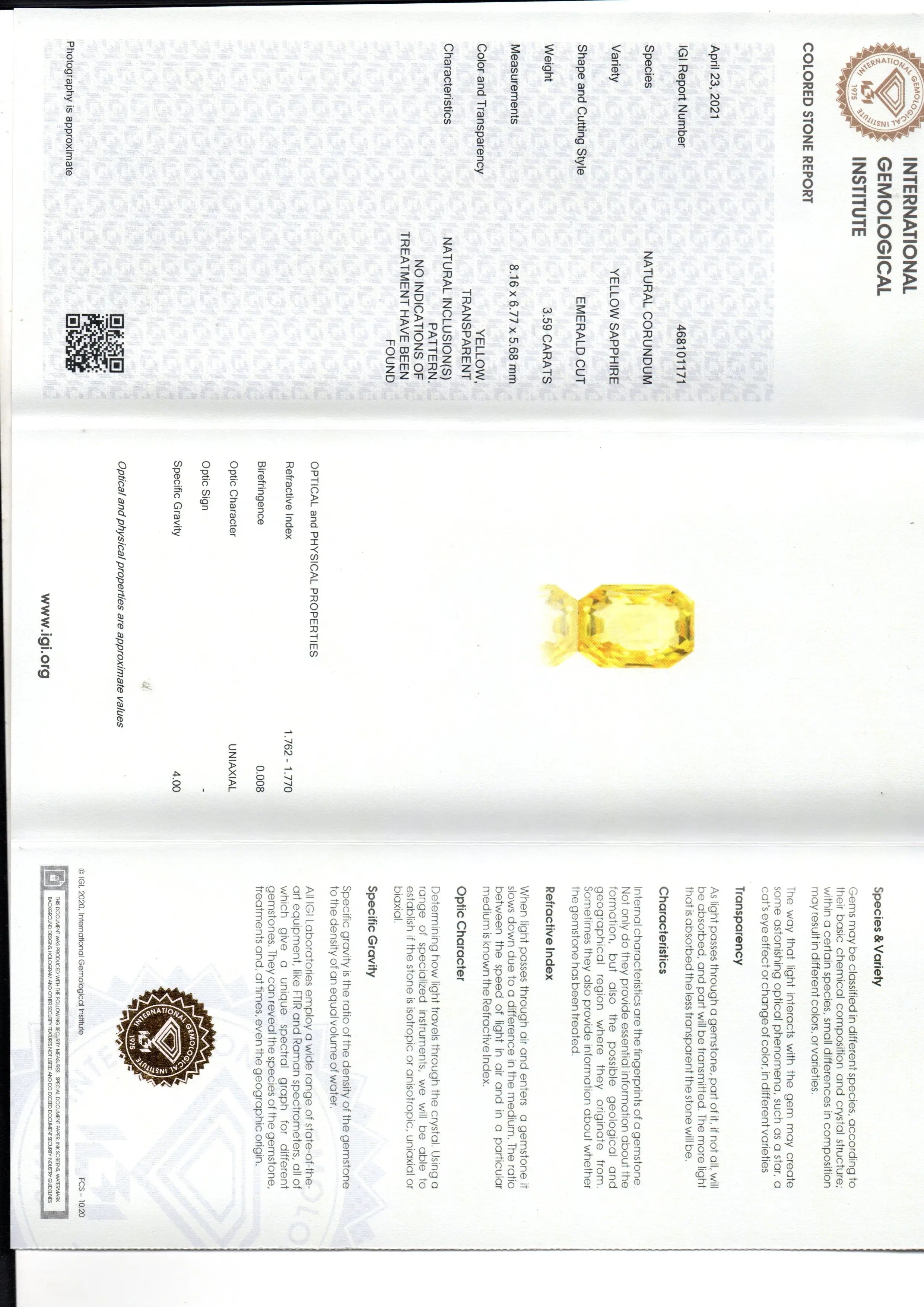 3.59 Ct IGI Certified Unheated Untreated Natural Ceylon Yellow Sapphire AAAAA