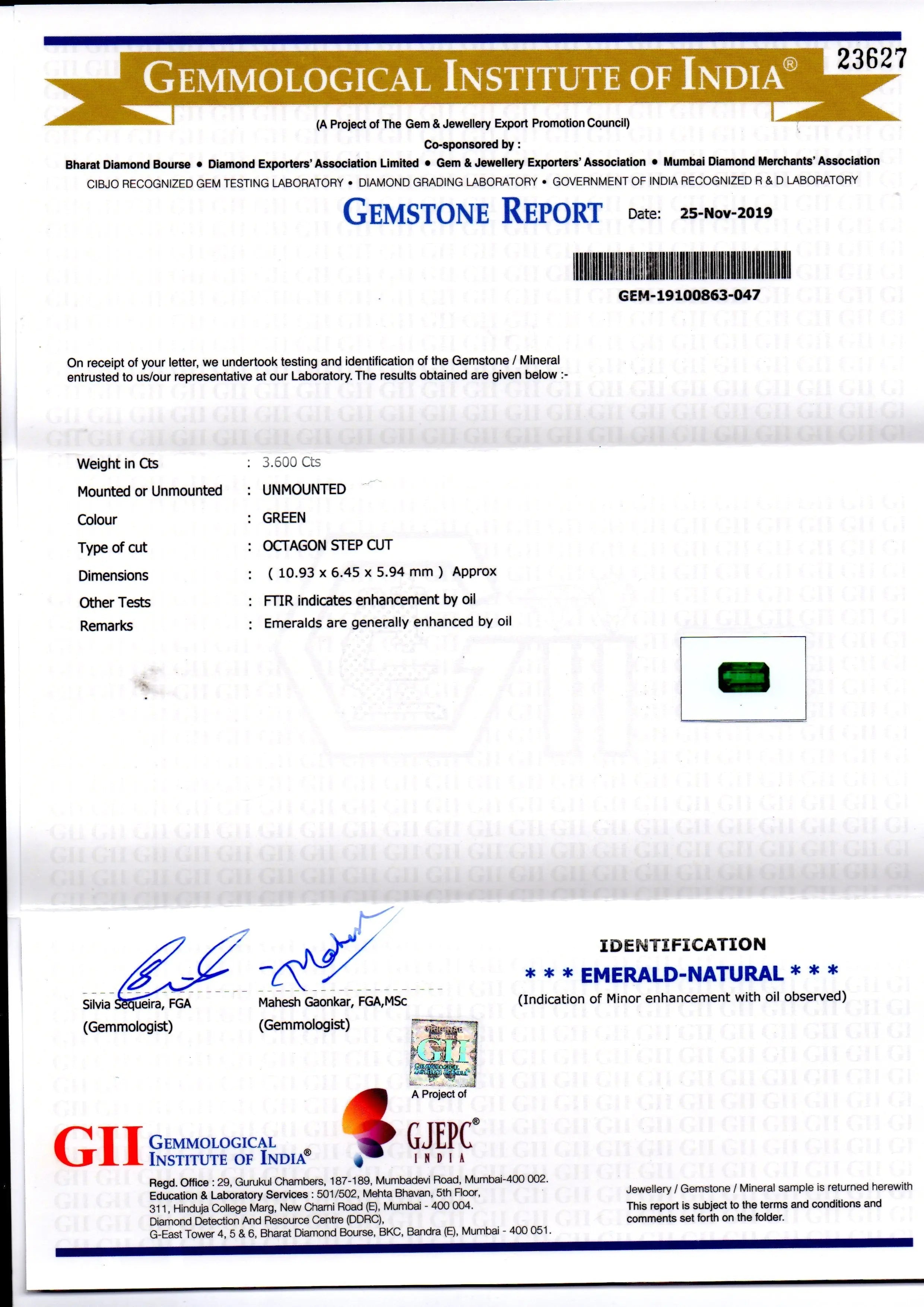 3.60 Ct GII Certified Untreated Natural Zambian Emerald Gemstone