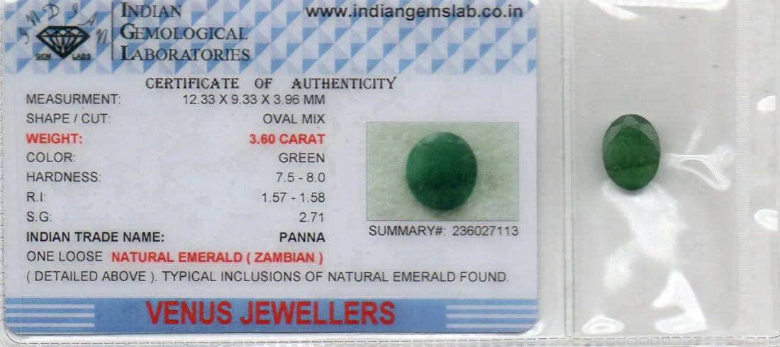 3.60 Ct Certified Untreated Natural Zambian Emerald Panna Gemstone - Venus Gems