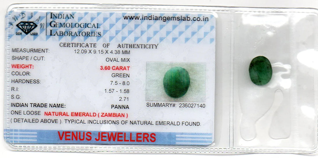 3.60 Ct Certified Untreated Natural Zambian Emerald Panna Gemstone - Venus Gems