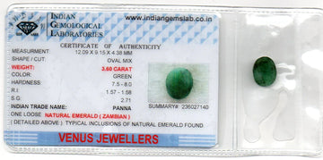 3.60 Ct Certified Untreated Natural Zambian Emerald Panna Gemstone - Venus Gems