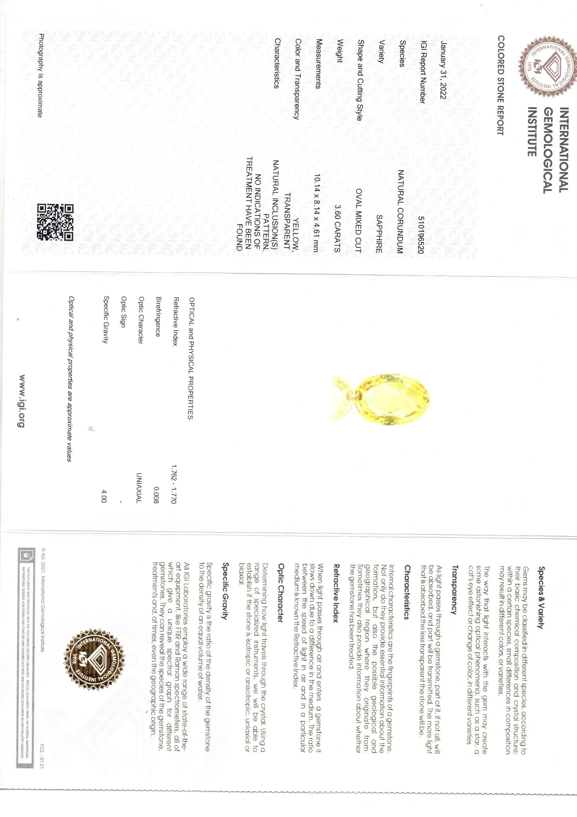 3.60 Ct IGI Certified Unheated Untreated Natural Ceylon Yellow Sapphire AAA