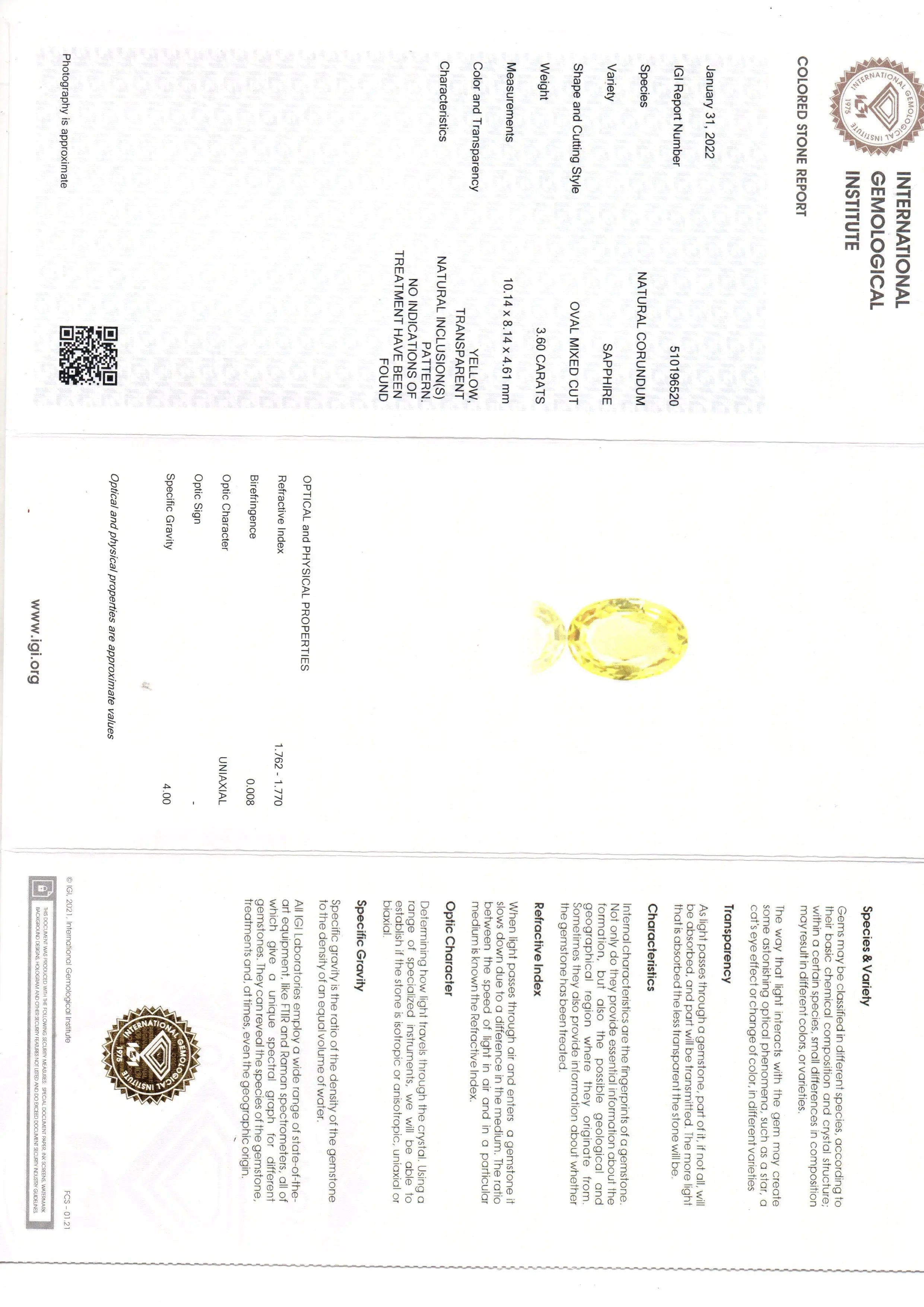 3.60 Ct IGI Certified Unheated Untreated Natural Ceylon Yellow Sapphire AAA