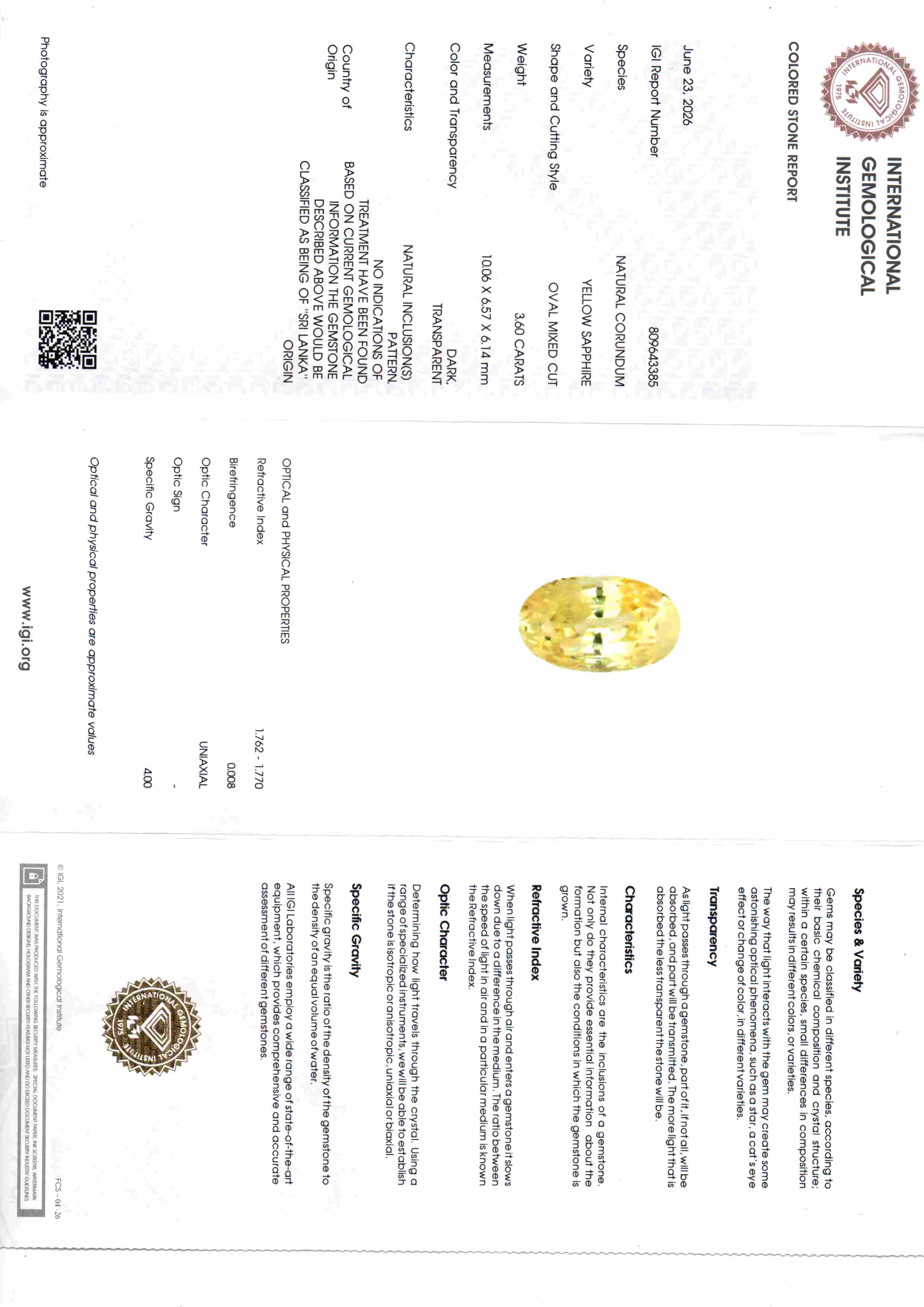 3.60 Ct IGI Certified Unheated Natural Ceylon Yellow Sapphire Pukhraj – 3.95 Ratti