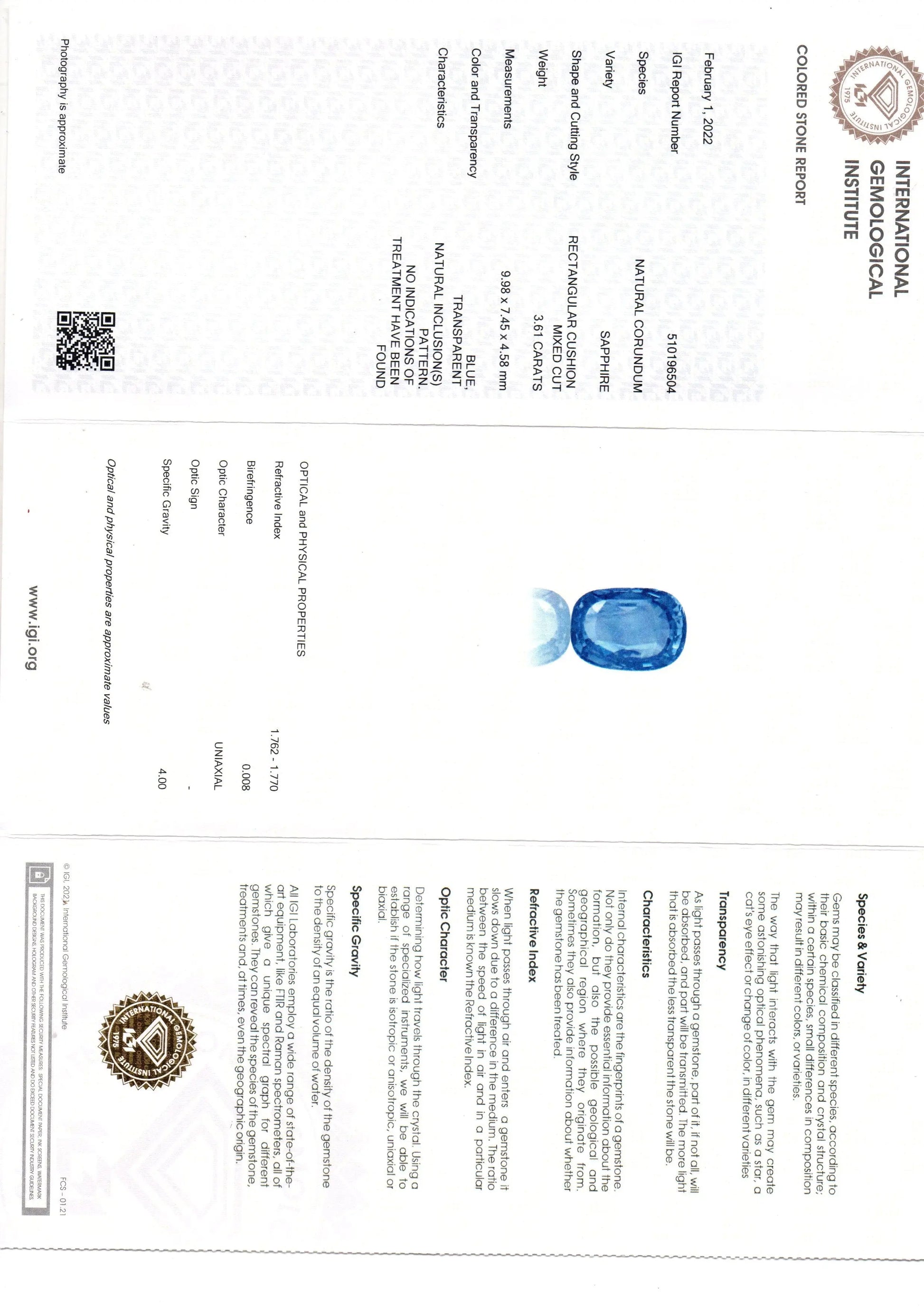 3.61 Ct IGI Certified Unheated Untreated Natural Ceylon Blue Sapphire AAA