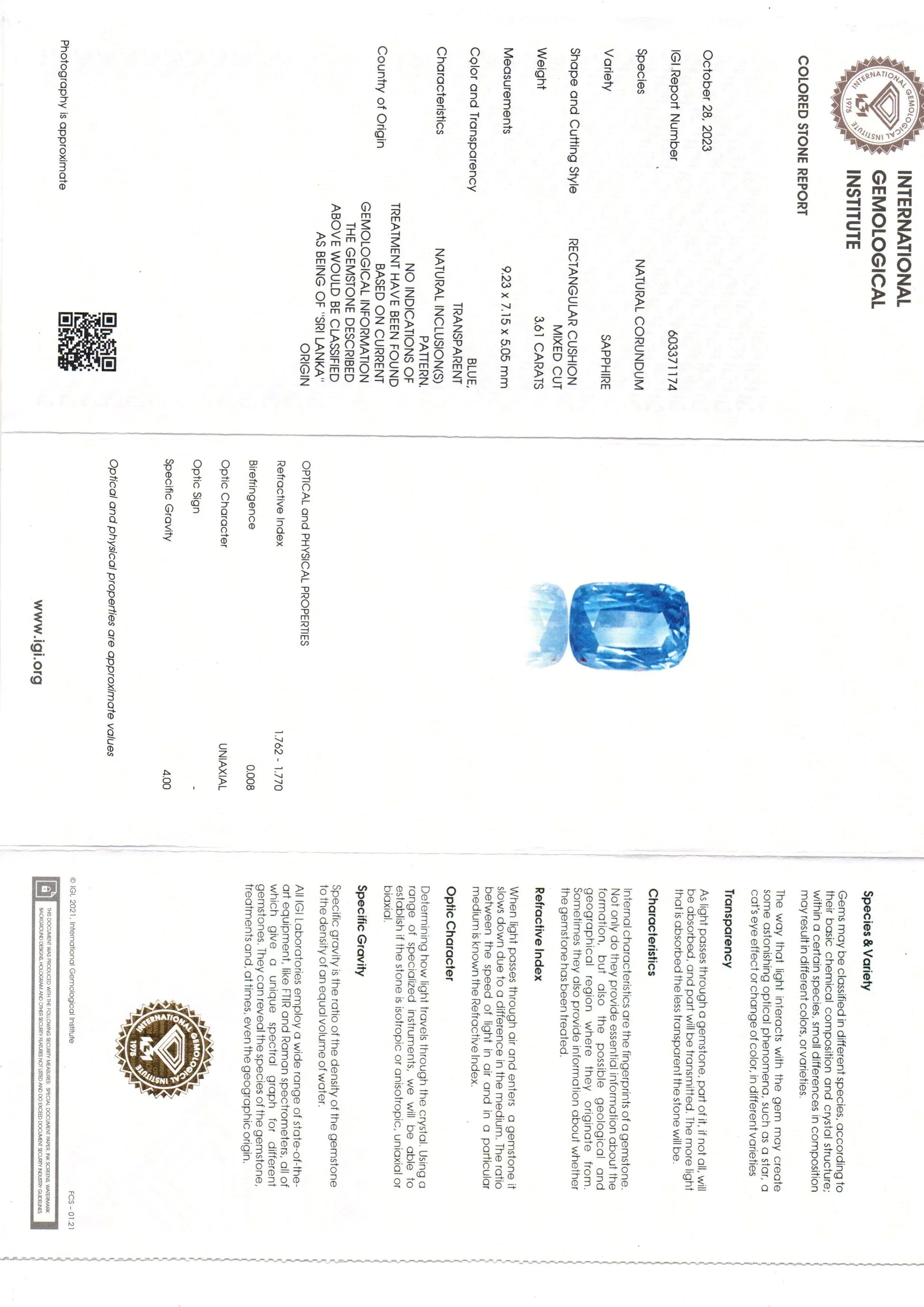 3.61 Ct IGI Certified Unheated Untreated Natural Ceylon Blue Sapphire AA - Venus Gems
