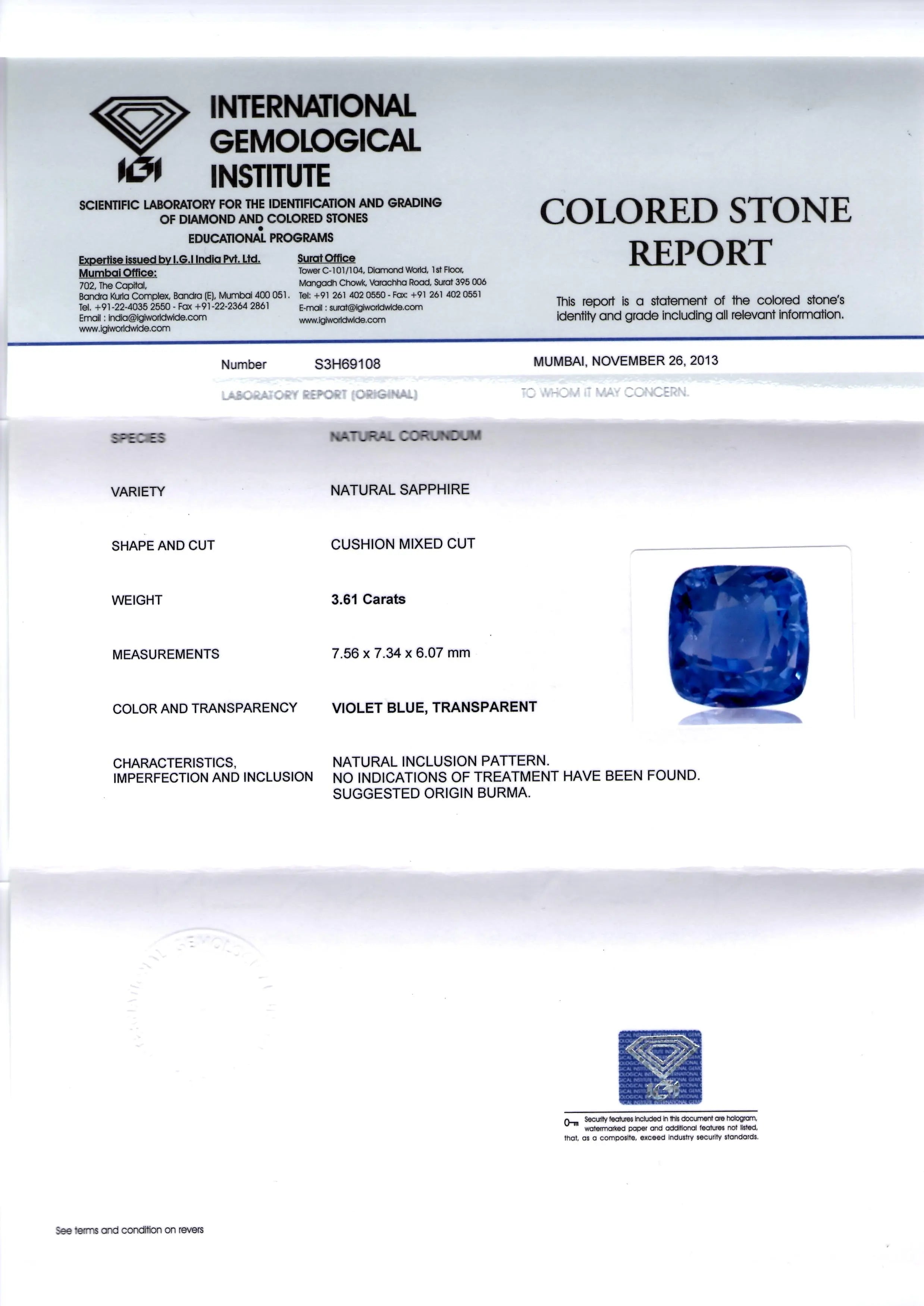 3.61 Ct Unheated Untreated Natural BURMA Peacock Blue Sapphire Neelam