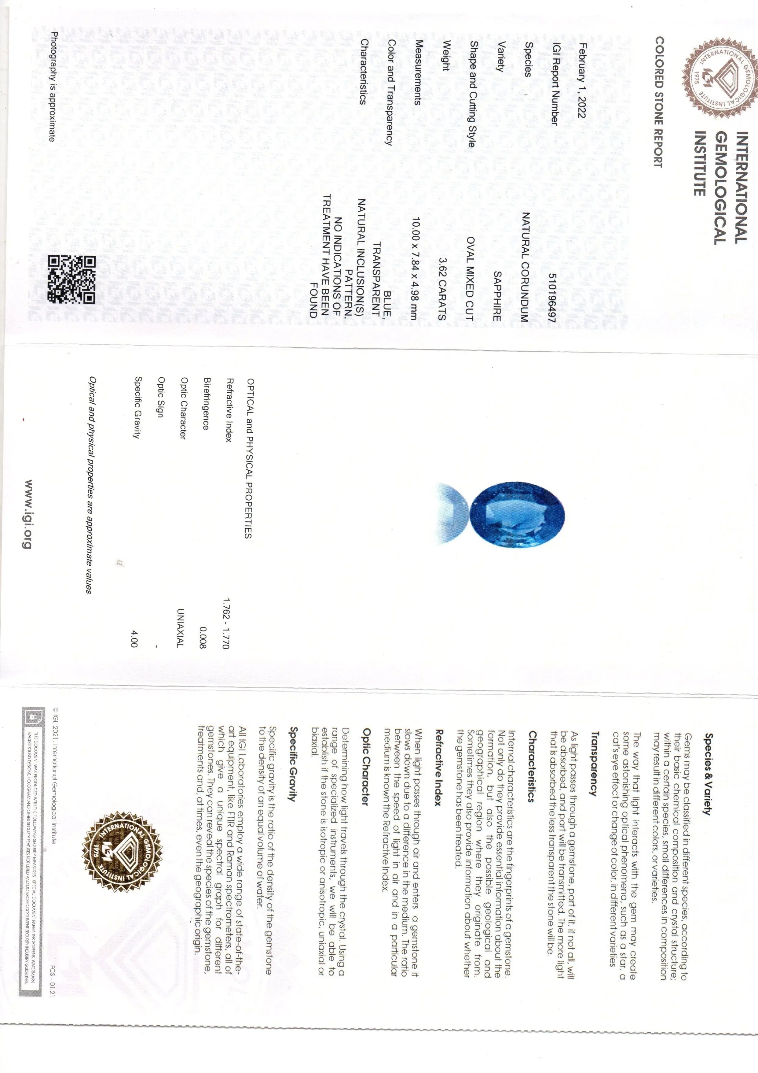 3.62 Ct IGI Certified Unheated Untreated Natural Ceylon Blue Sapphire AAA