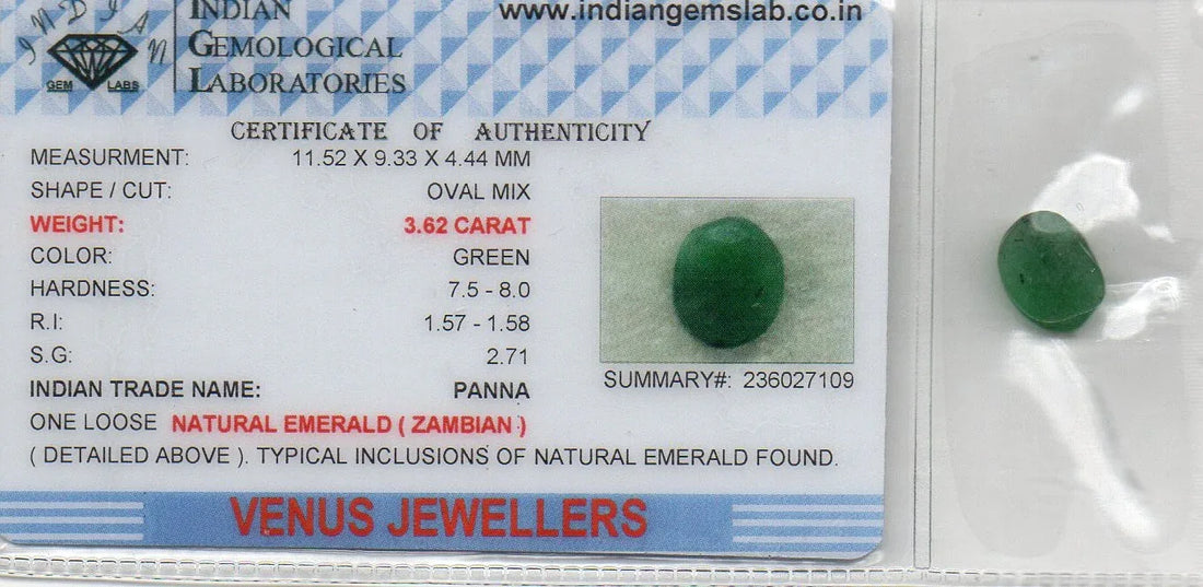 3.62 Ct Certified Untreated Natural Zambian Emerald Panna Gemstone - Venus Gems