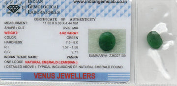 3.62 Ct Certified Untreated Natural Zambian Emerald Panna Gemstone - Venus Gems