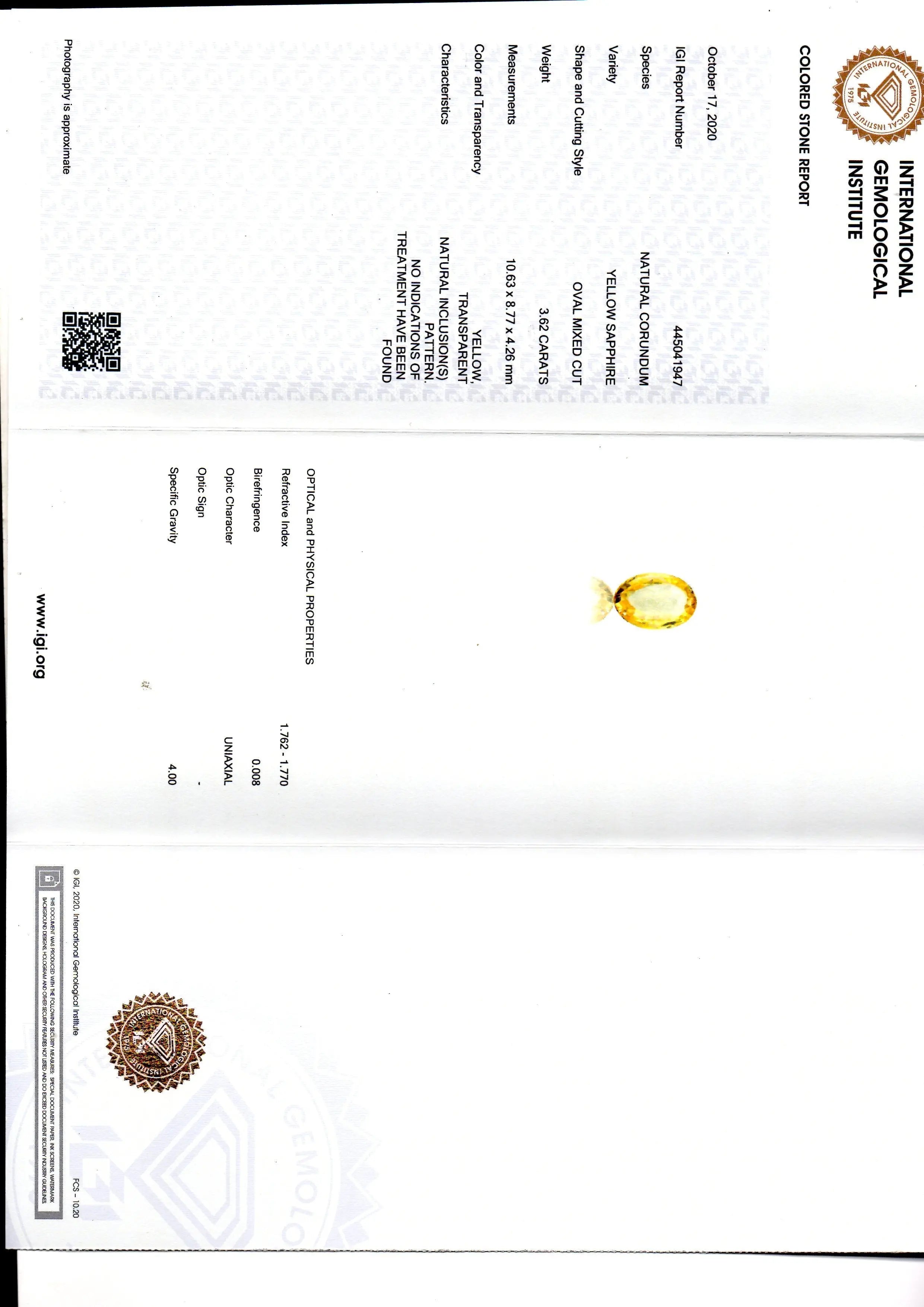 3.62 Ct IGI Certified Unheated Untreated Natural Ceylon Yellow Sapphire AAA