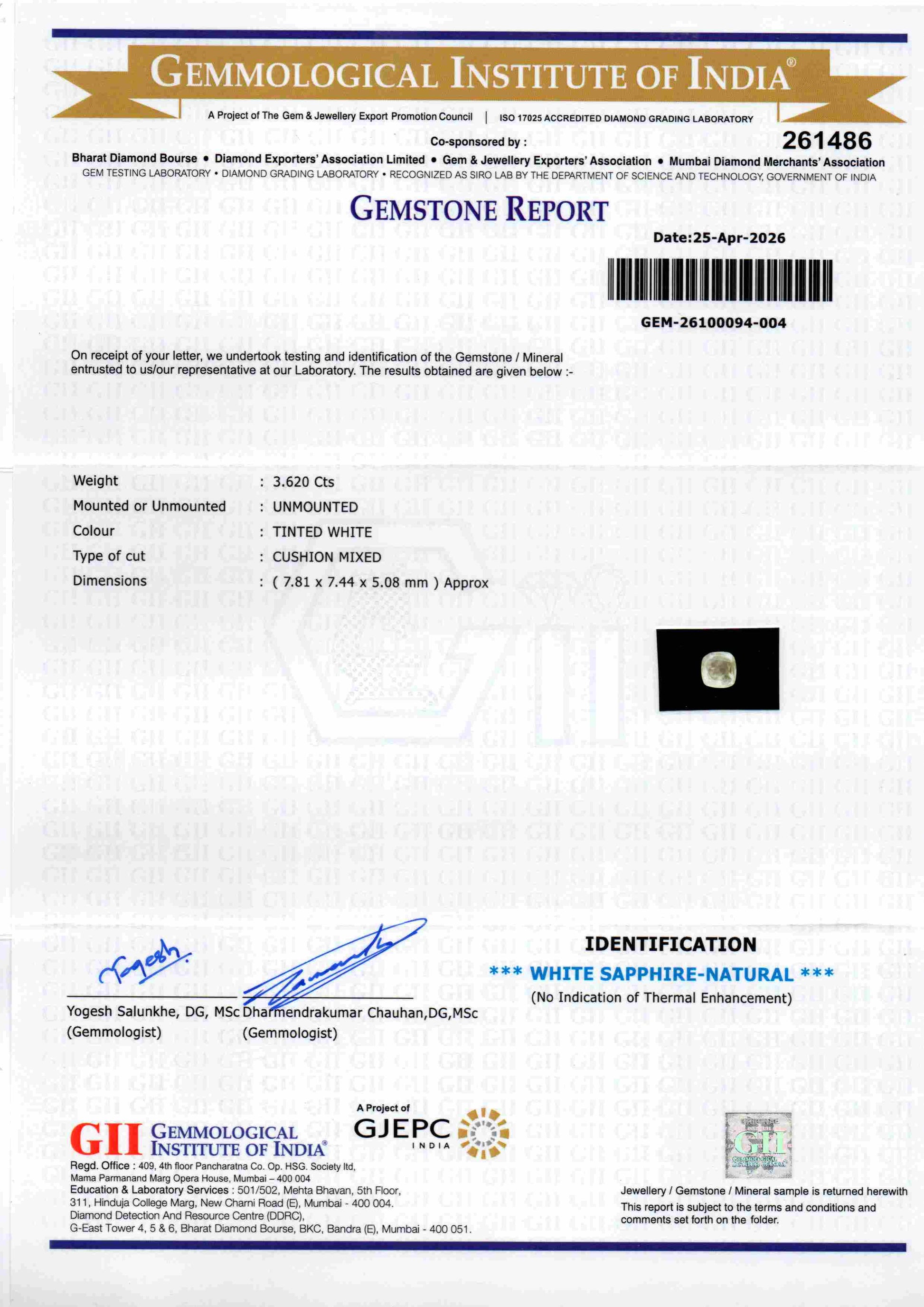 Gemstone report for 3.62 Ct GII Certified Unheated Untreated Natural Ceylon White Sapphire, detailing specifications and cert