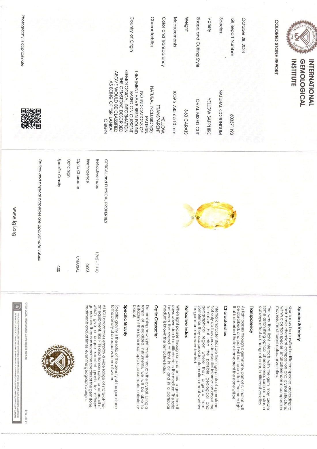 3.63 Ct IGI Certified Unheated Untreated Natural Ceylon Yellow Sapphire - Venus Gems