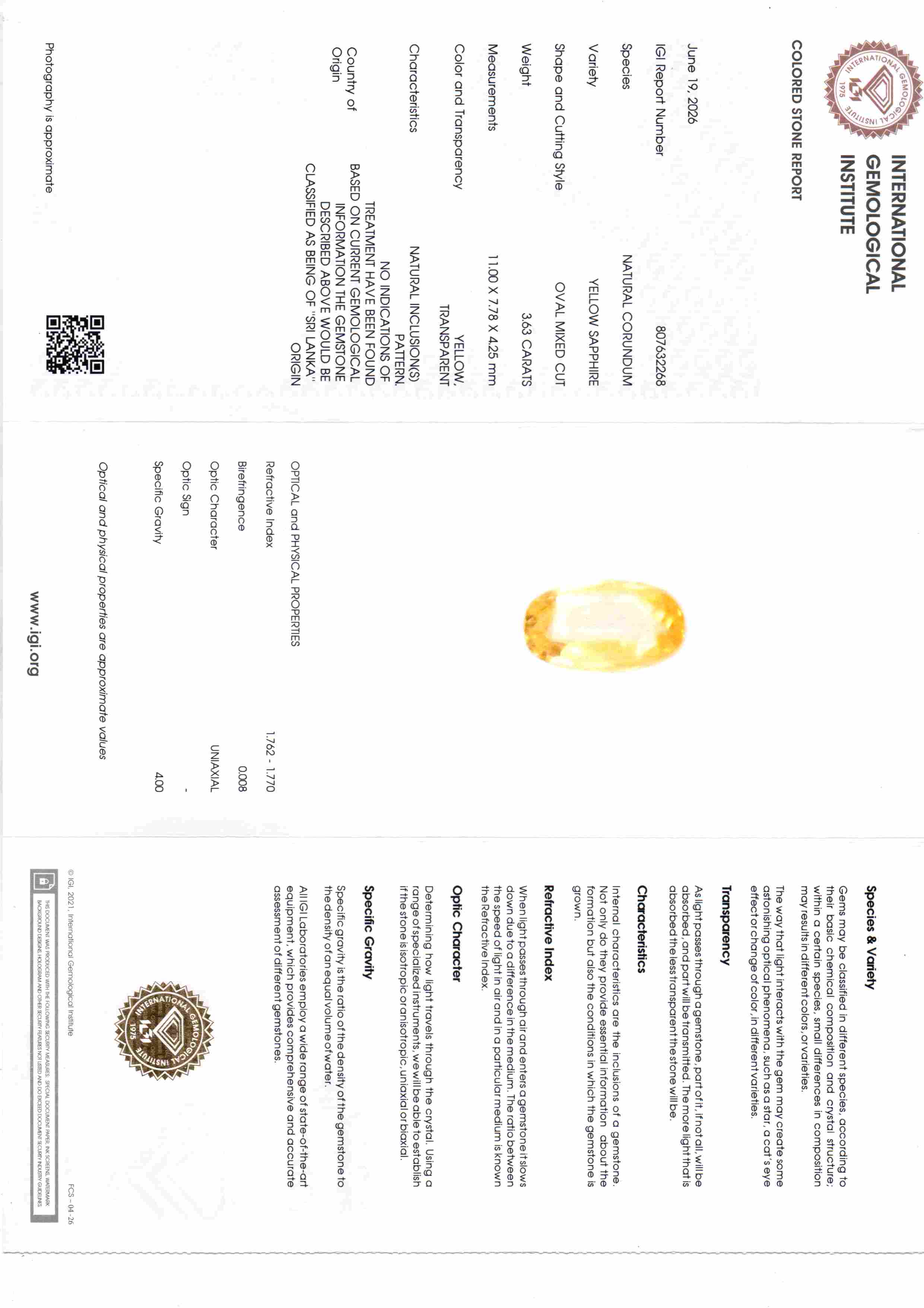 3.63 Ct IGI Certified Unheated Natural Ceylon Yellow Sapphire Pukhraj – 3.99 Ratti