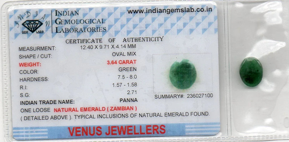 3.64 Ct Certified Untreated Natural Zambian Emerald Panna Gemstone - Venus Gems