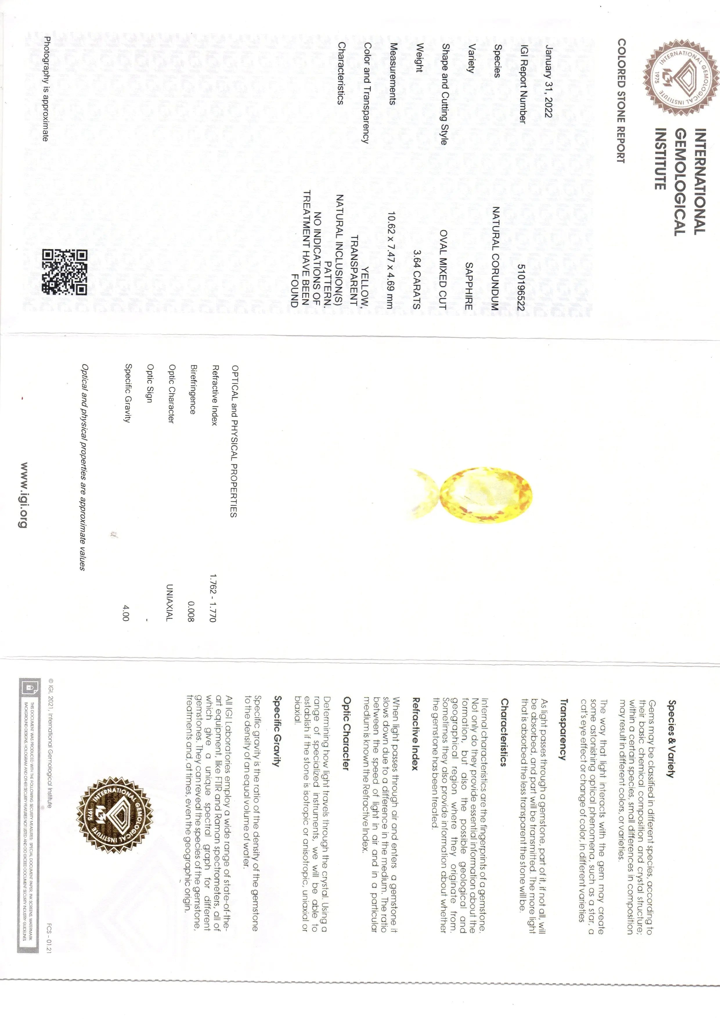 3.64 Ct IGI Certified Unheated Untreated Natural Ceylon Yellow Sapphire AAA