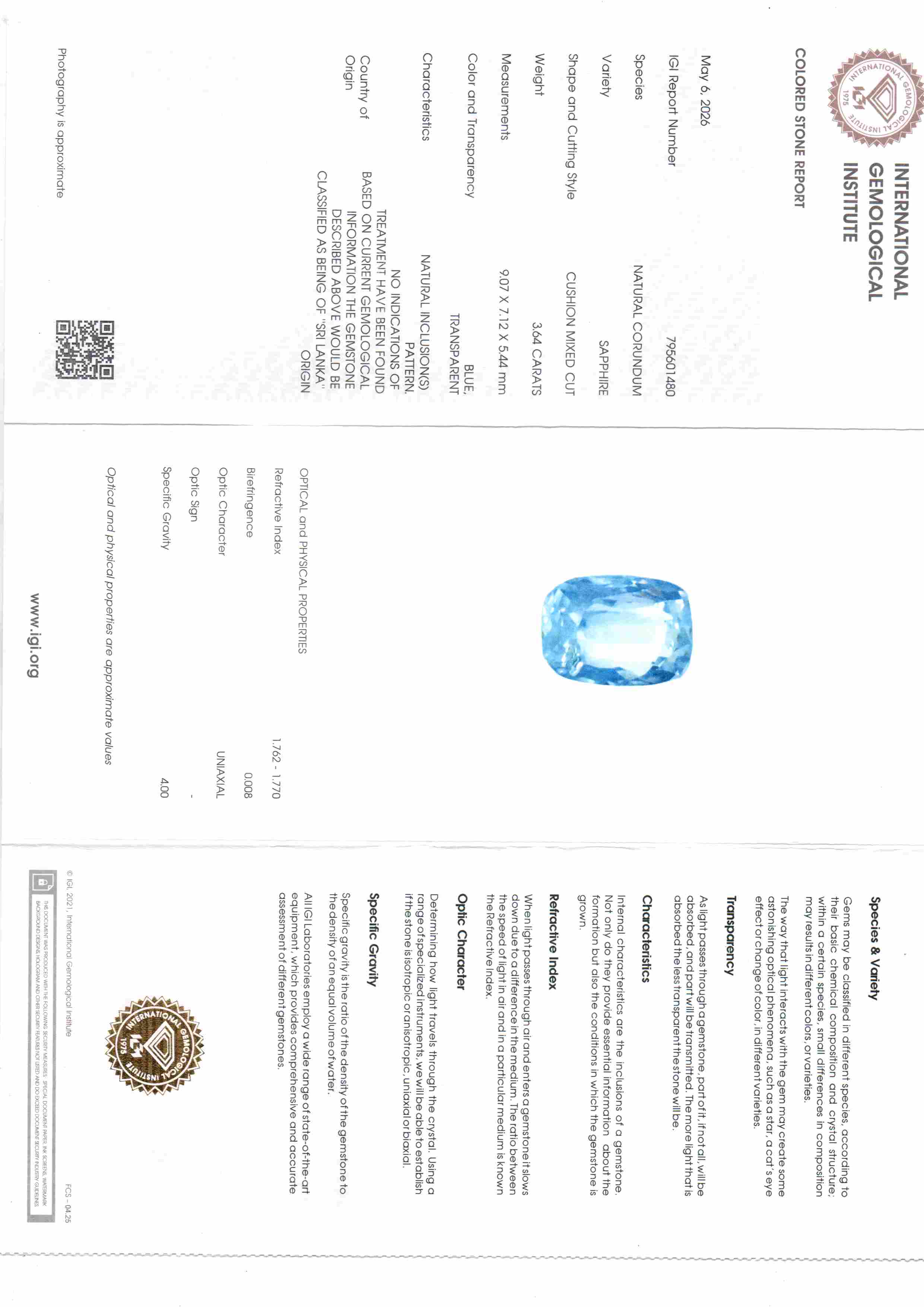 3.64 Ct 4 Ratti IGI Certified Unheated Untreated Natural Ceylon Blue Sapphire