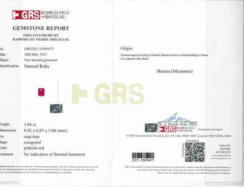 3.66 Ct Unheated Untreated GRS certified Old Burma Mines Ruby **RARE**