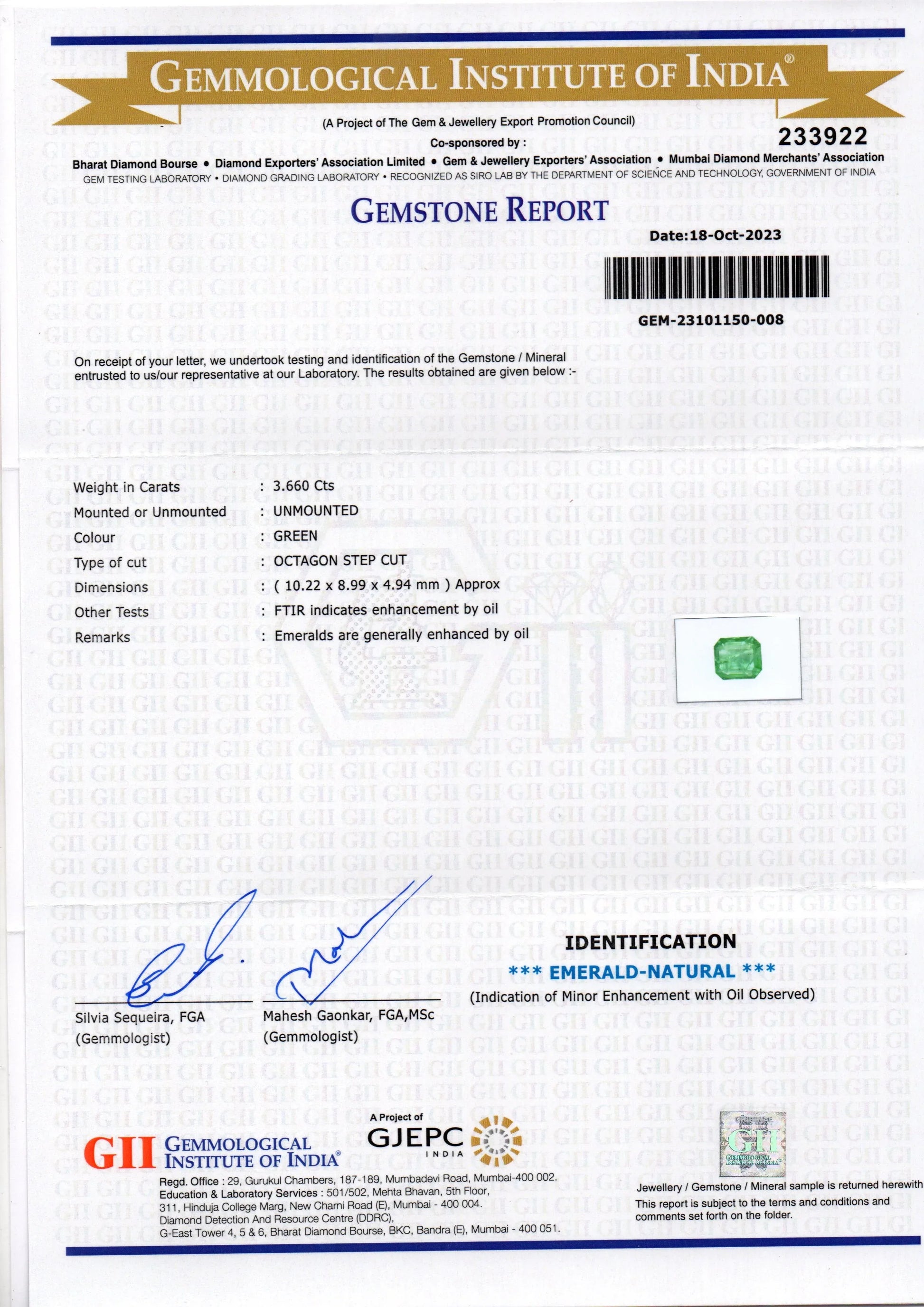 3.66 Ct GII Certified Untreated Natural Zambian Emerald Panna Gems - Venus Gems