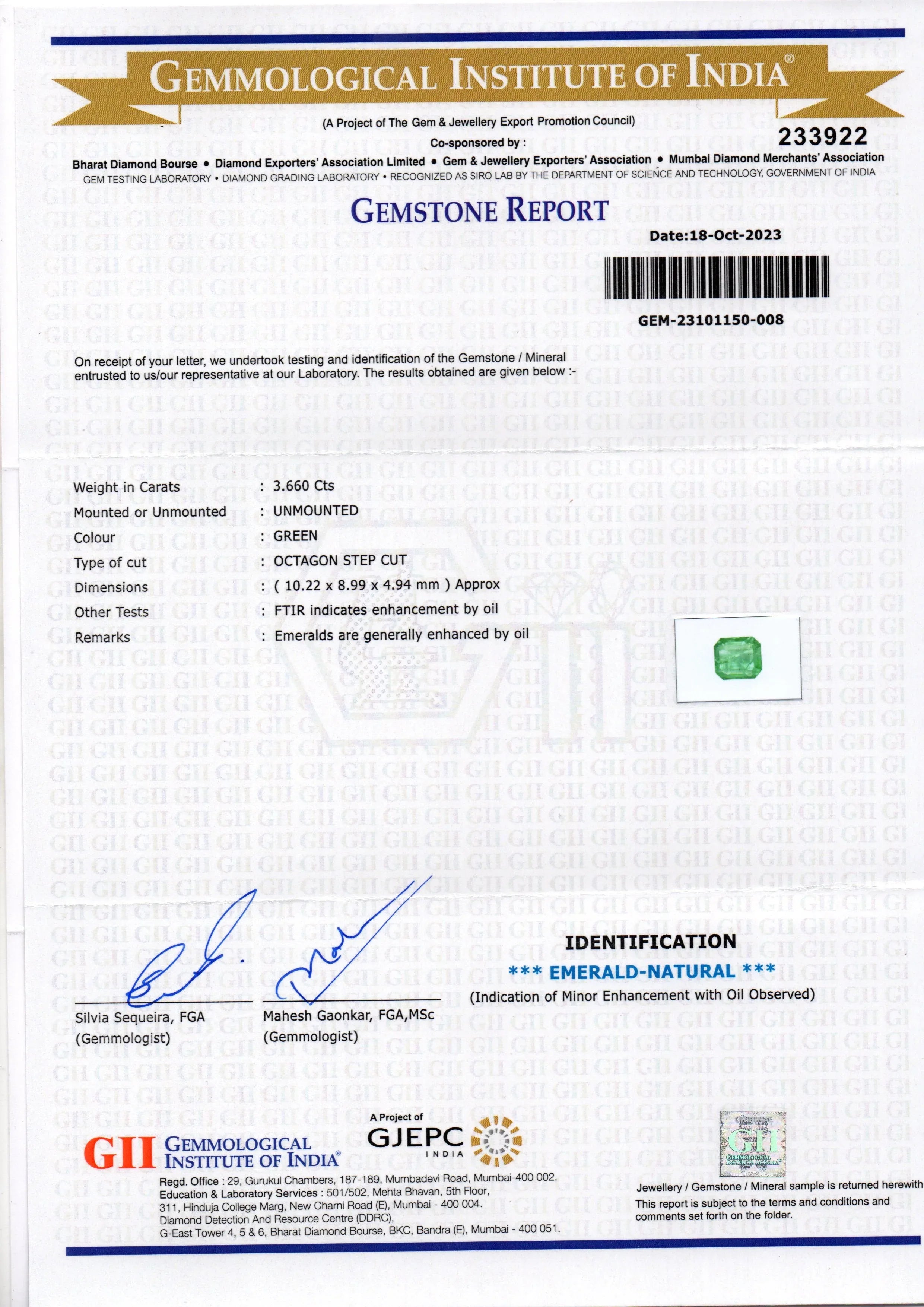 3.66 Ct GII Certified Untreated Natural Zambian Emerald Panna Gems - Venus Gems