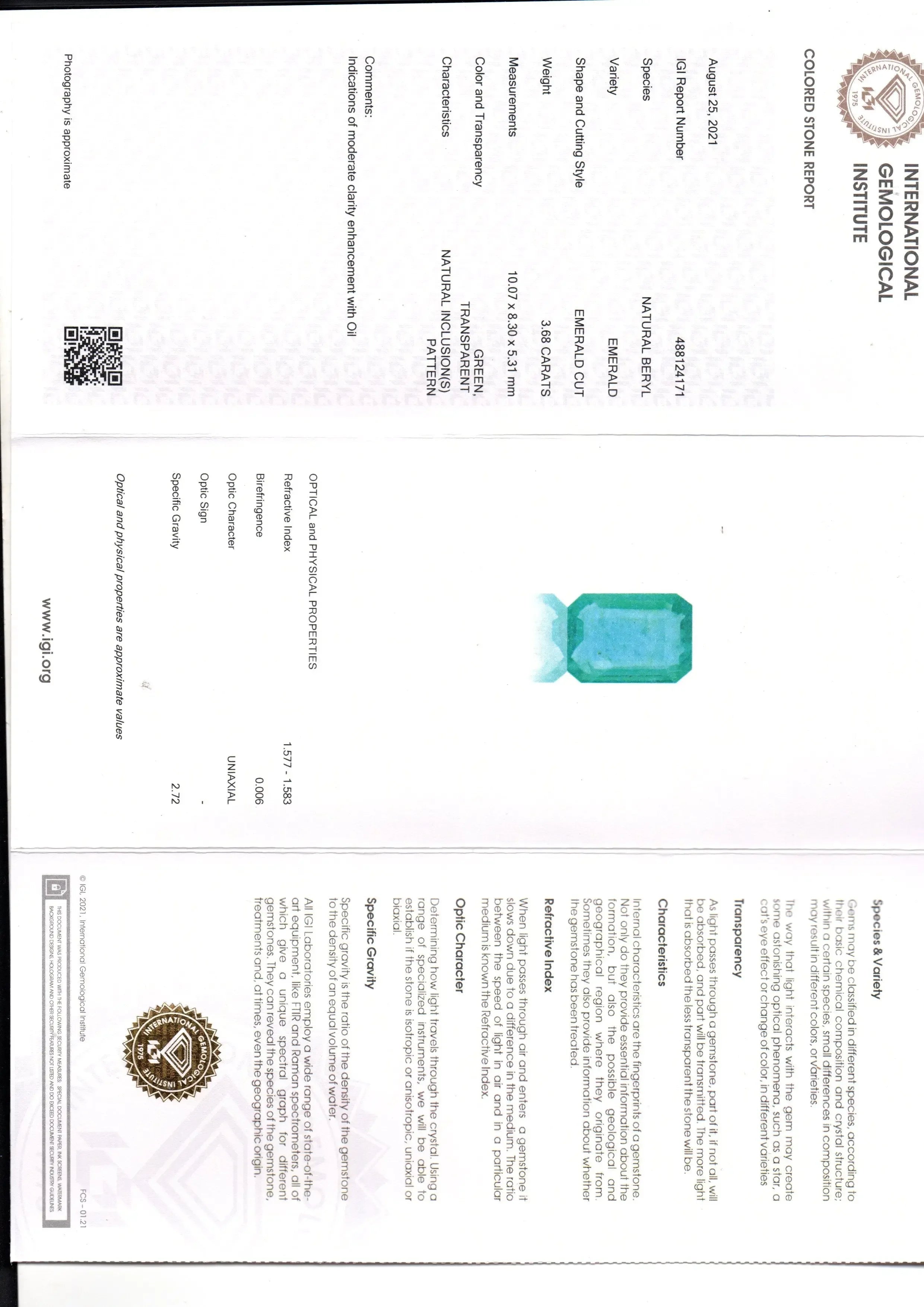 3.68 Ct IGI Certified Untreated Natural Colombian Emerald Gems AAA - Venus Gems