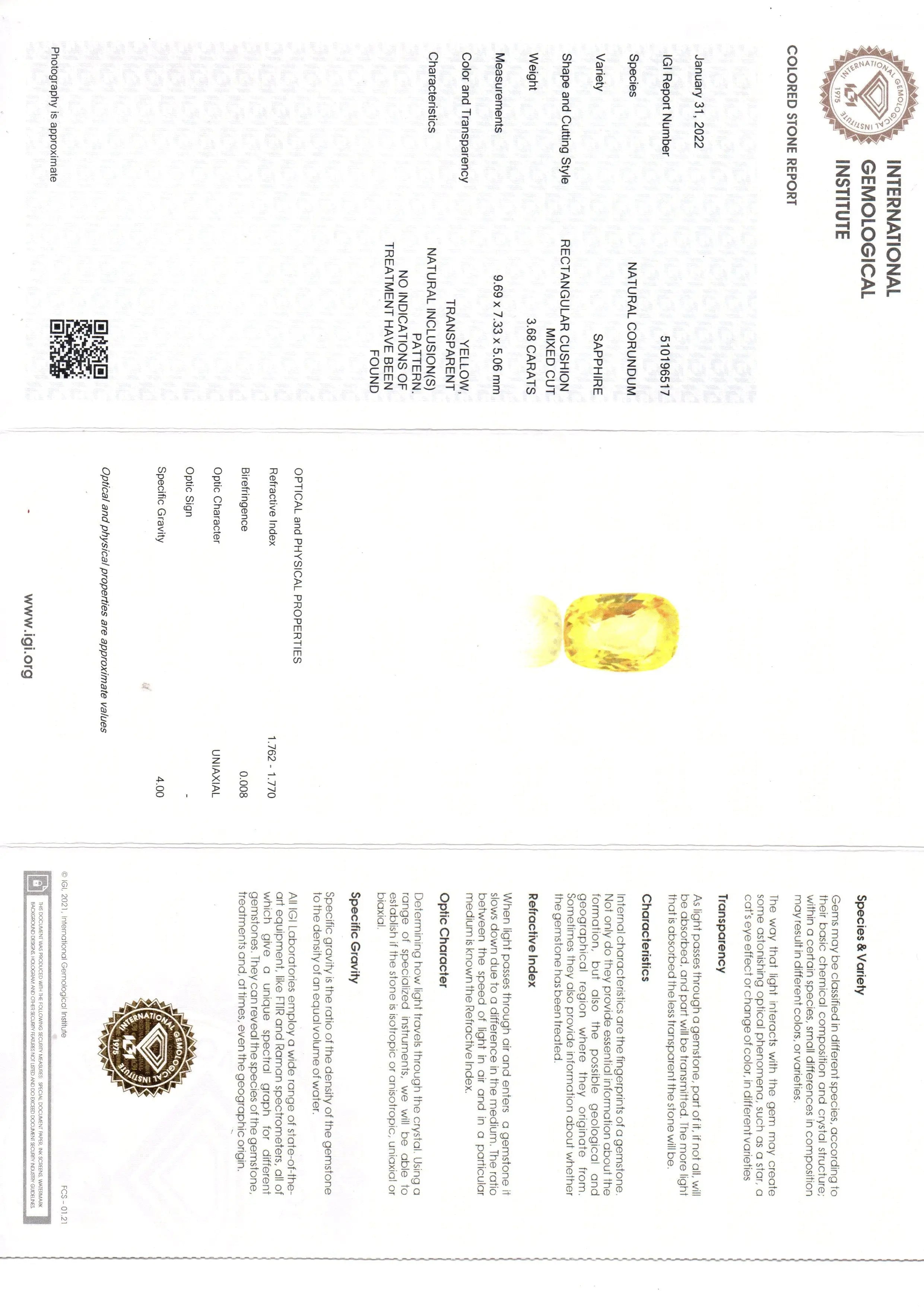 3.68 Ct IGI Certified Unheated Untreated Natural Ceylon Yellow Sapphire AAA