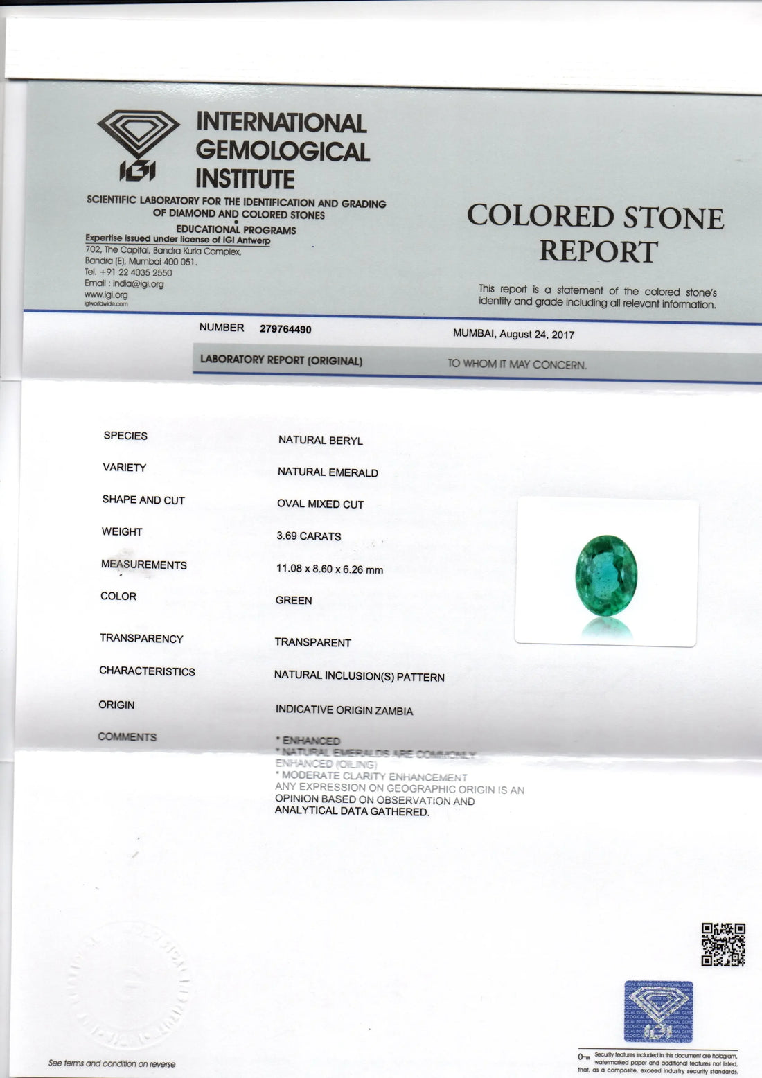 3.69 Ct Untreated Natural Zambian Emerald Gemstone Panna AAAAA - Venus Gems