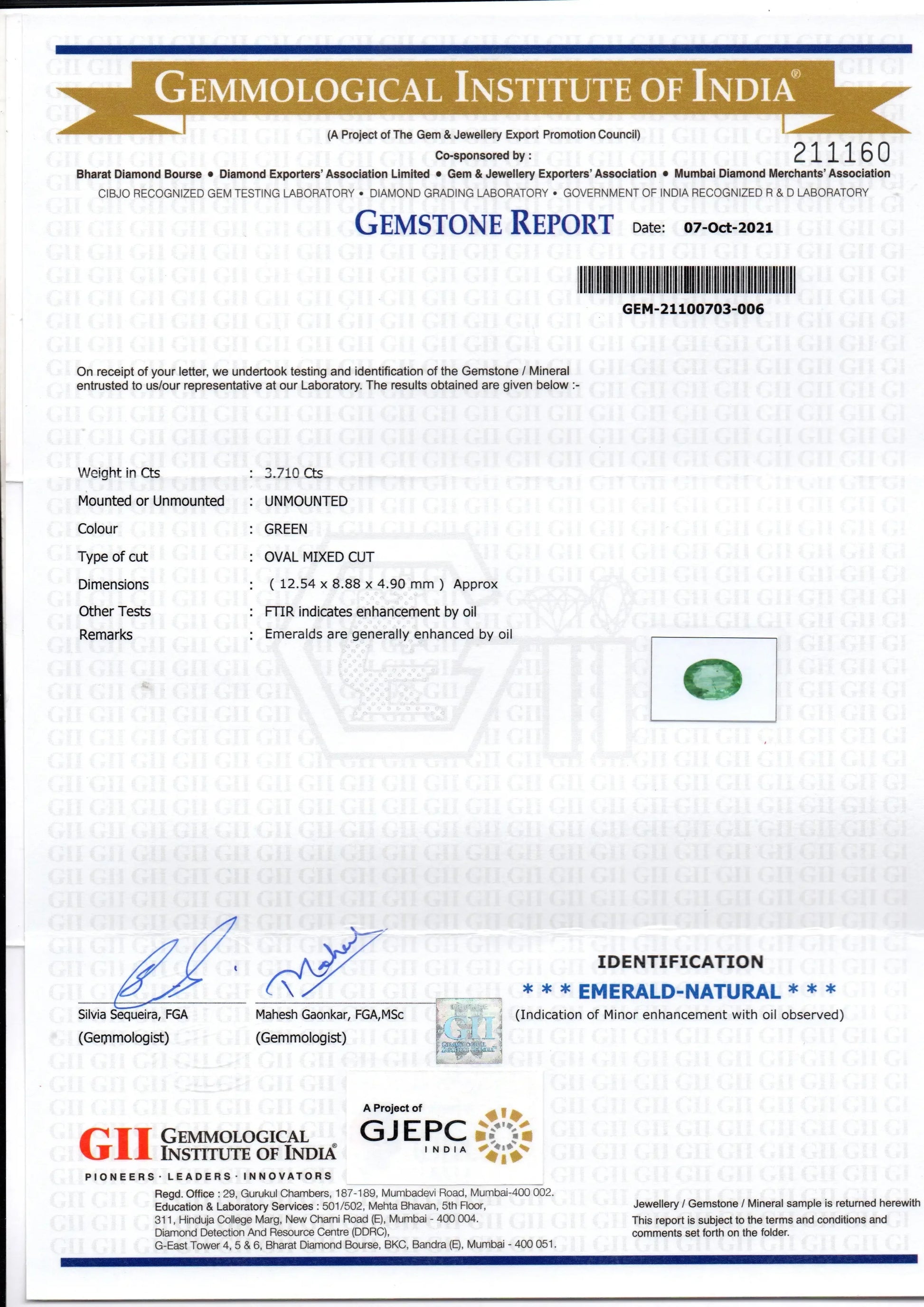 3.71 Ct GII Certified Untreated Natural Zambian Emerald Gemstones - Venus Gems