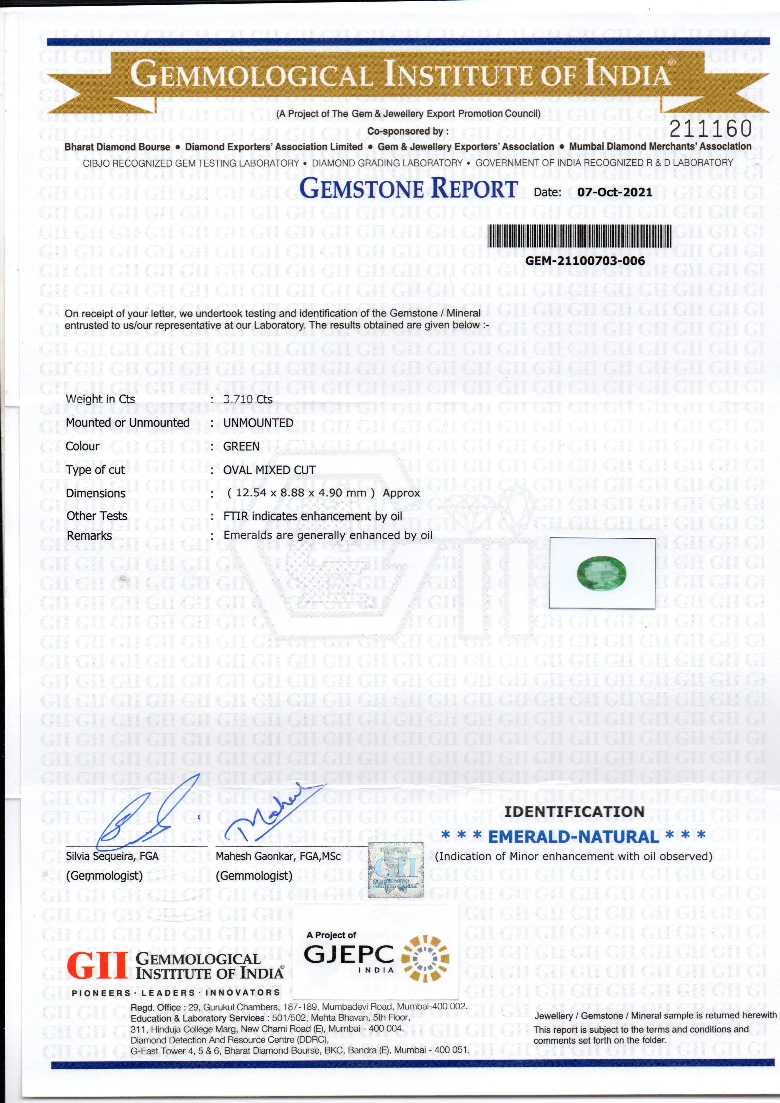 3.71 Ct GII Certified Untreated Natural Zambian Emerald Gemstones - Venus Gems