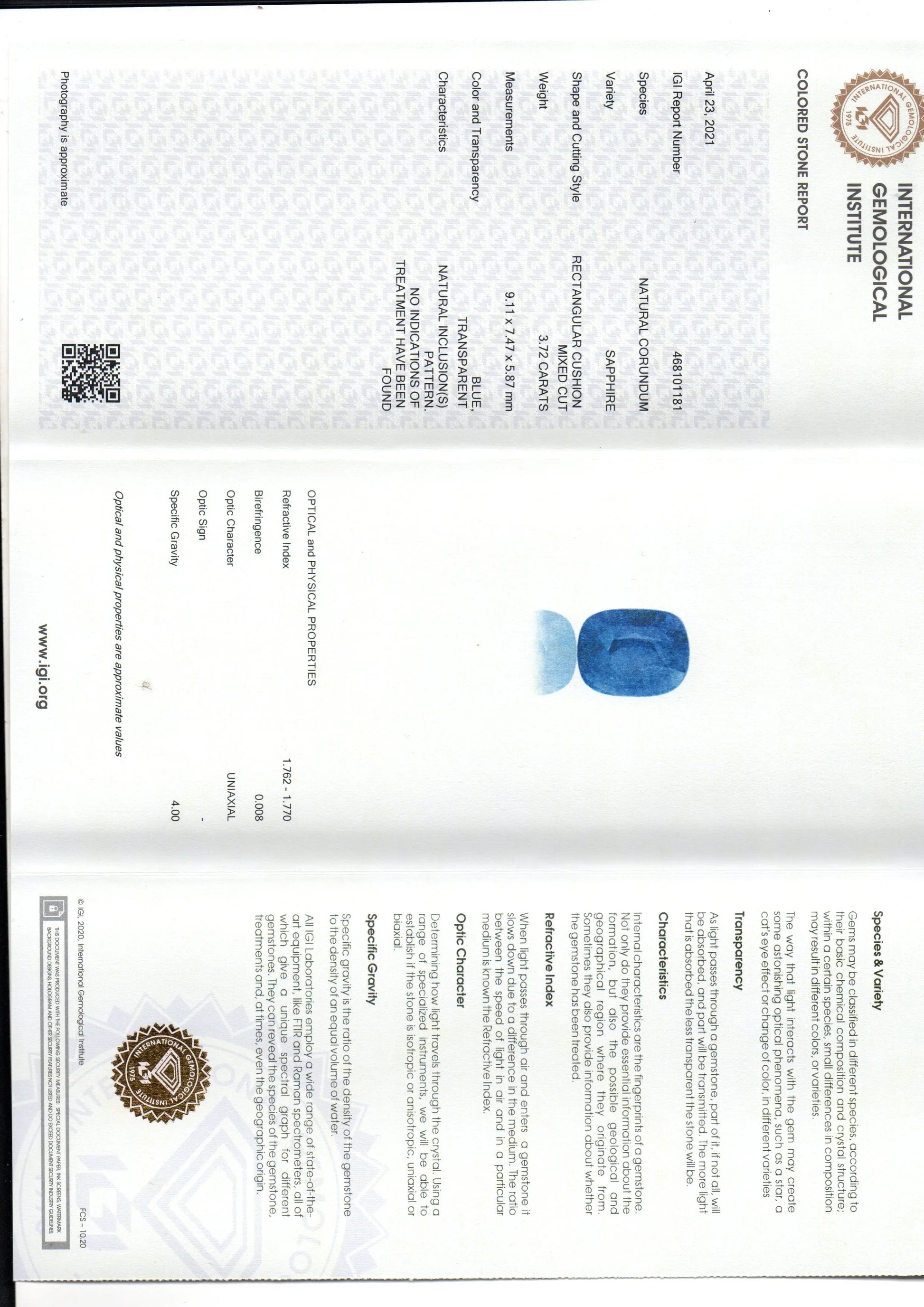 3.72 Ct IGI Certified Unheated Untreated Natural Ceylon Blue Sapphire AAAA