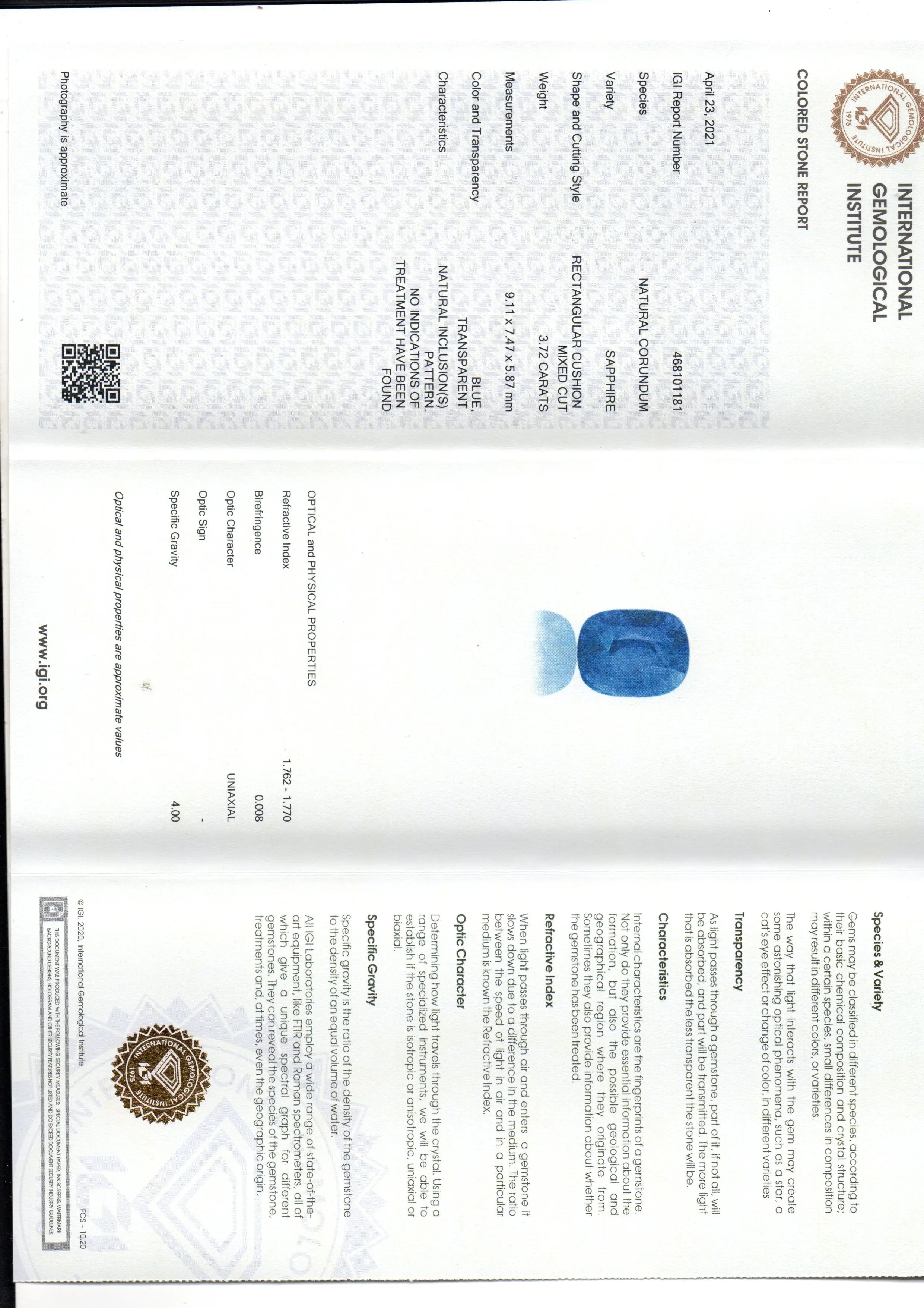 3.72 Ct IGI Certified Unheated Untreated Natural Ceylon Blue Sapphire AAAA