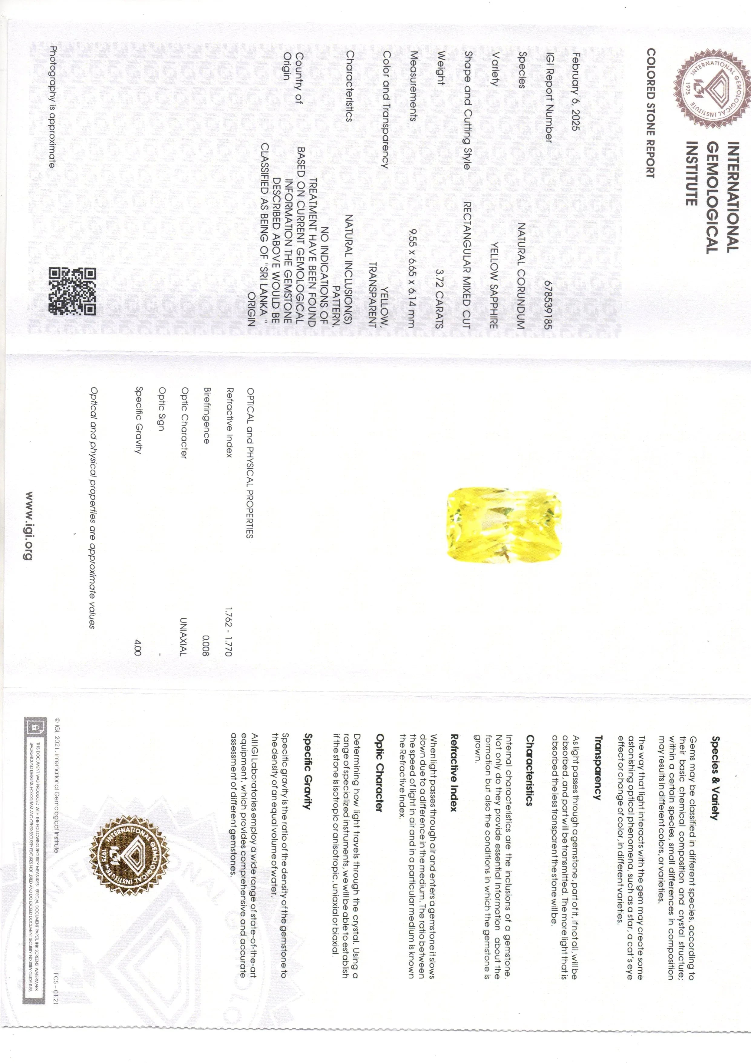 3.72 Ct IGI Certified Unheated Untreated Natural Ceylon Yellow Sapphire - Venus Gems