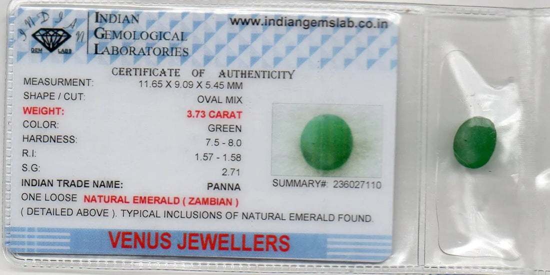 3.73 Ct Certified Untreated Natural Zambian Emerald Panna Gemstone - Venus Gems