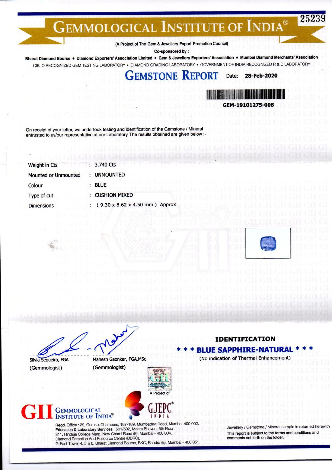 3.74 Ct GII Certified Unheated Untreated Natural Ceylon Blue Sapphire