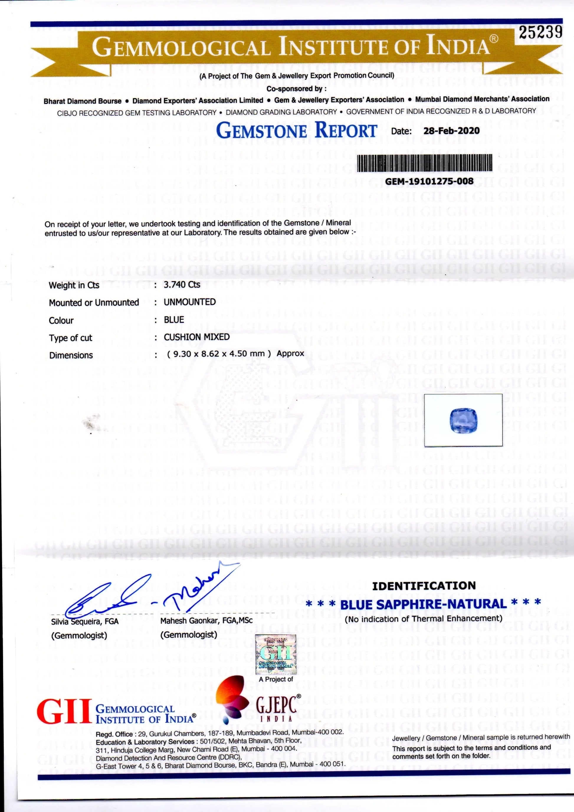 3.74 Ct GII Certified Unheated Untreated Natural Ceylon Blue Sapphire