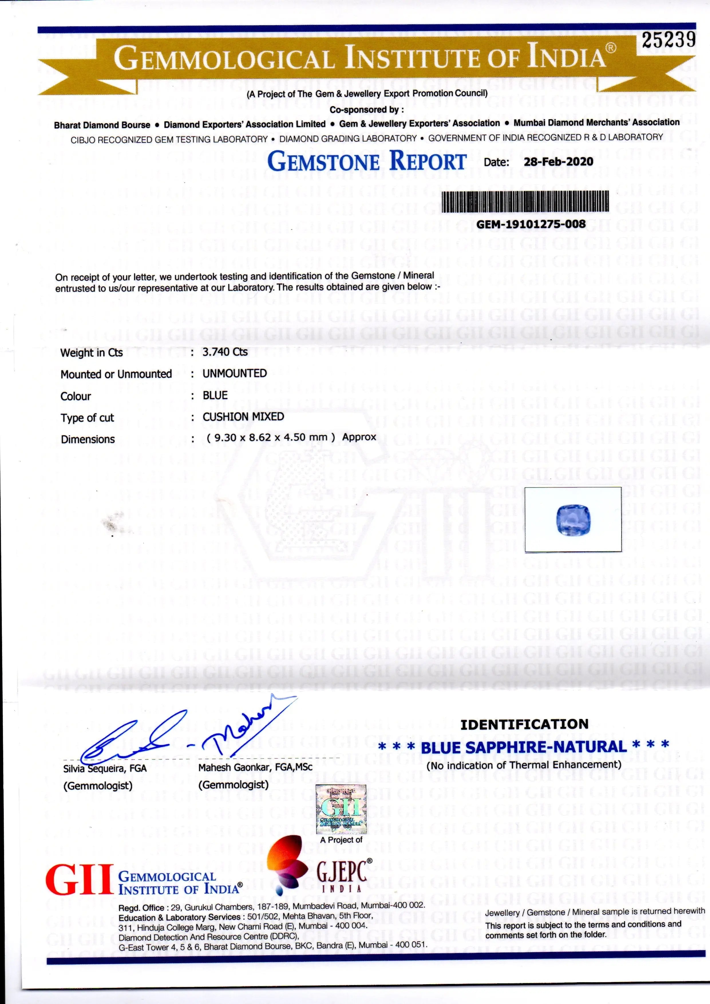 3.74 Ct GII Certified Unheated Untreated Natural Ceylon Blue Sapphire
