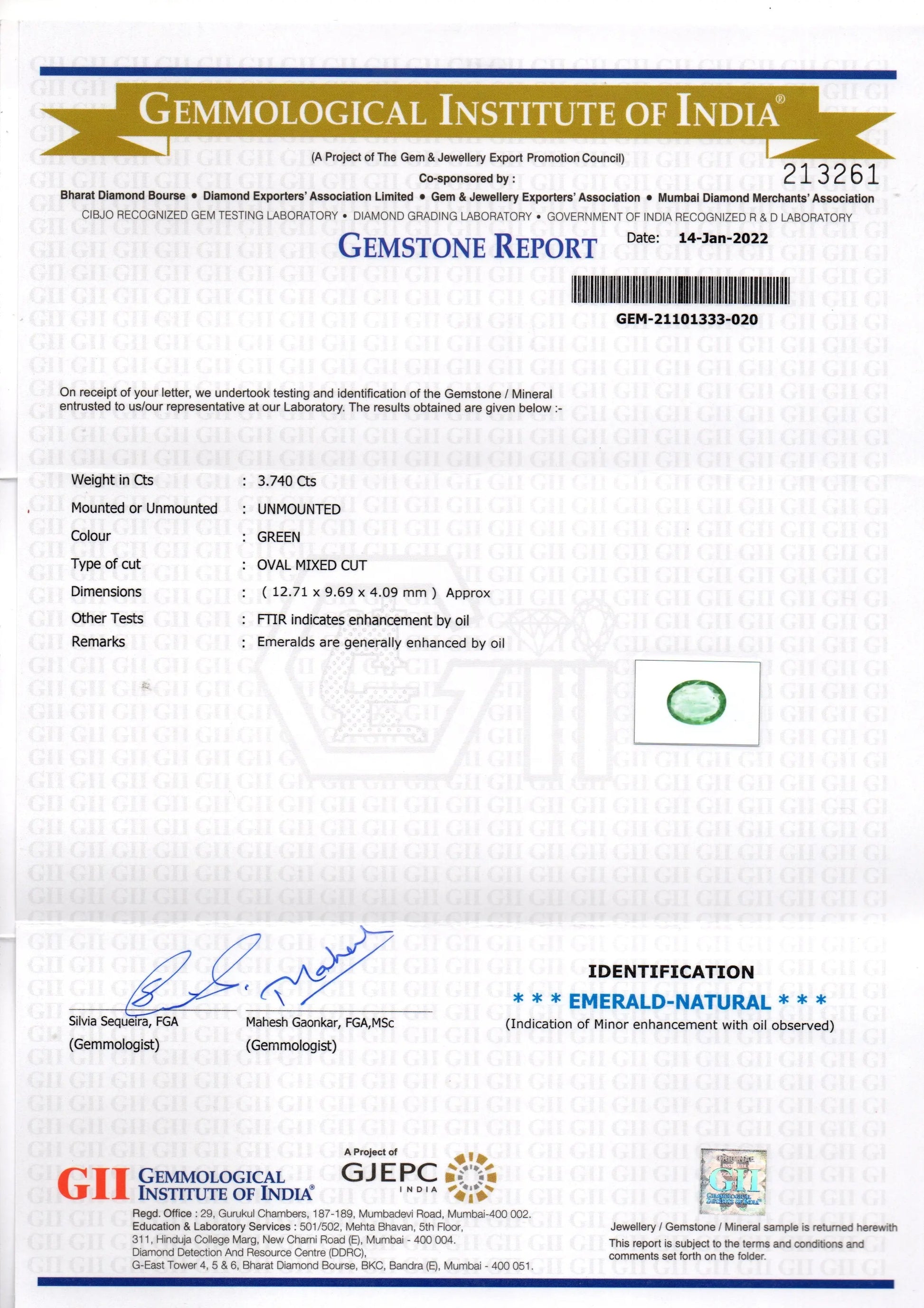 3.74 Ct GII Certified Untreated Natural Zambian Emerald Gemstone