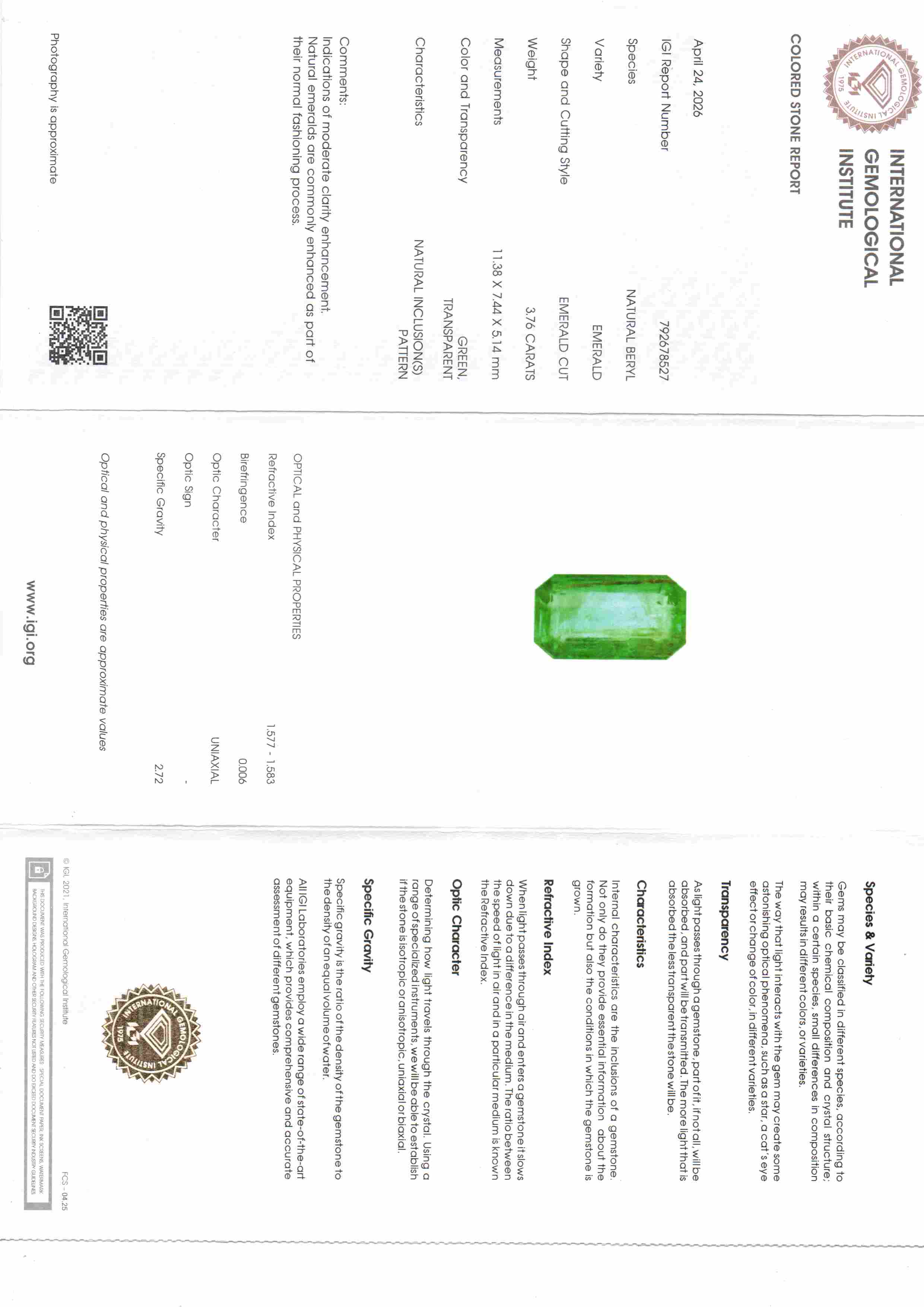 Certified natural Zambian emerald, 3.76 carats, untreated, with detailed gemological report and specifications.