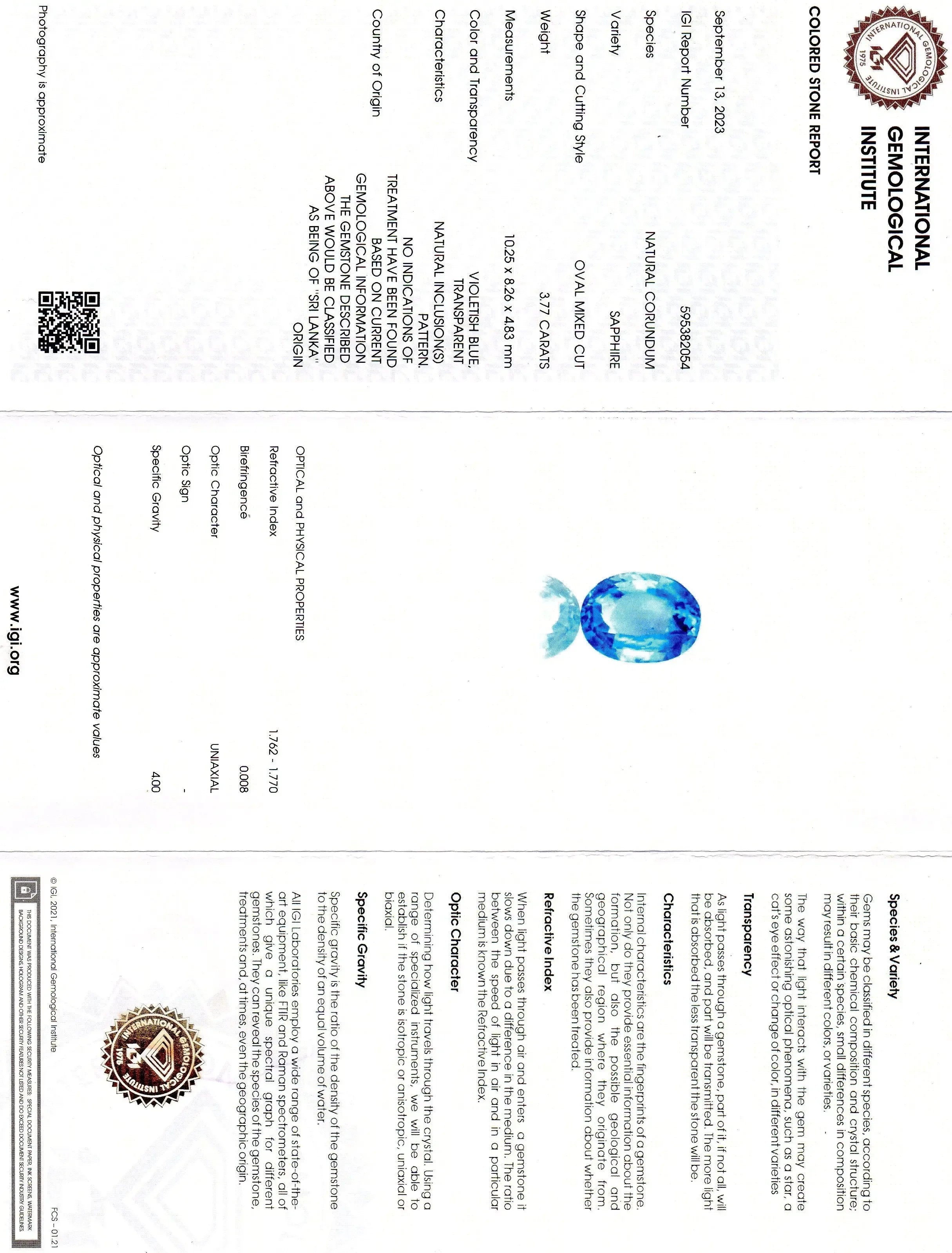 3.77 Ct IGI Certified Unheated Untreated Natural Ceylon Blue Sapphire AAA - Venus Gems