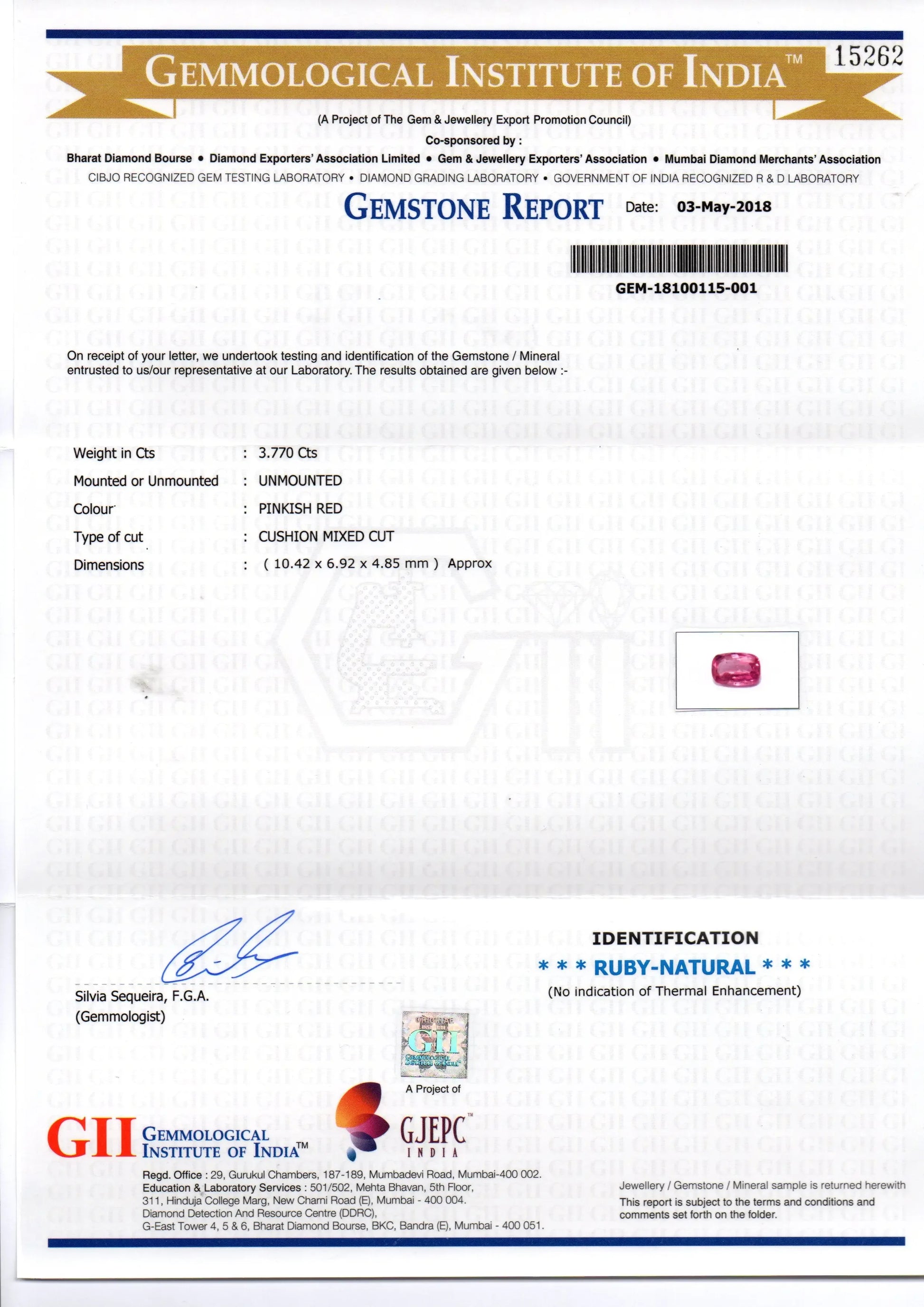 3.77 Ct GII Certified Unheated Untreated Natural Madagaskar Ruby - Venus Gems