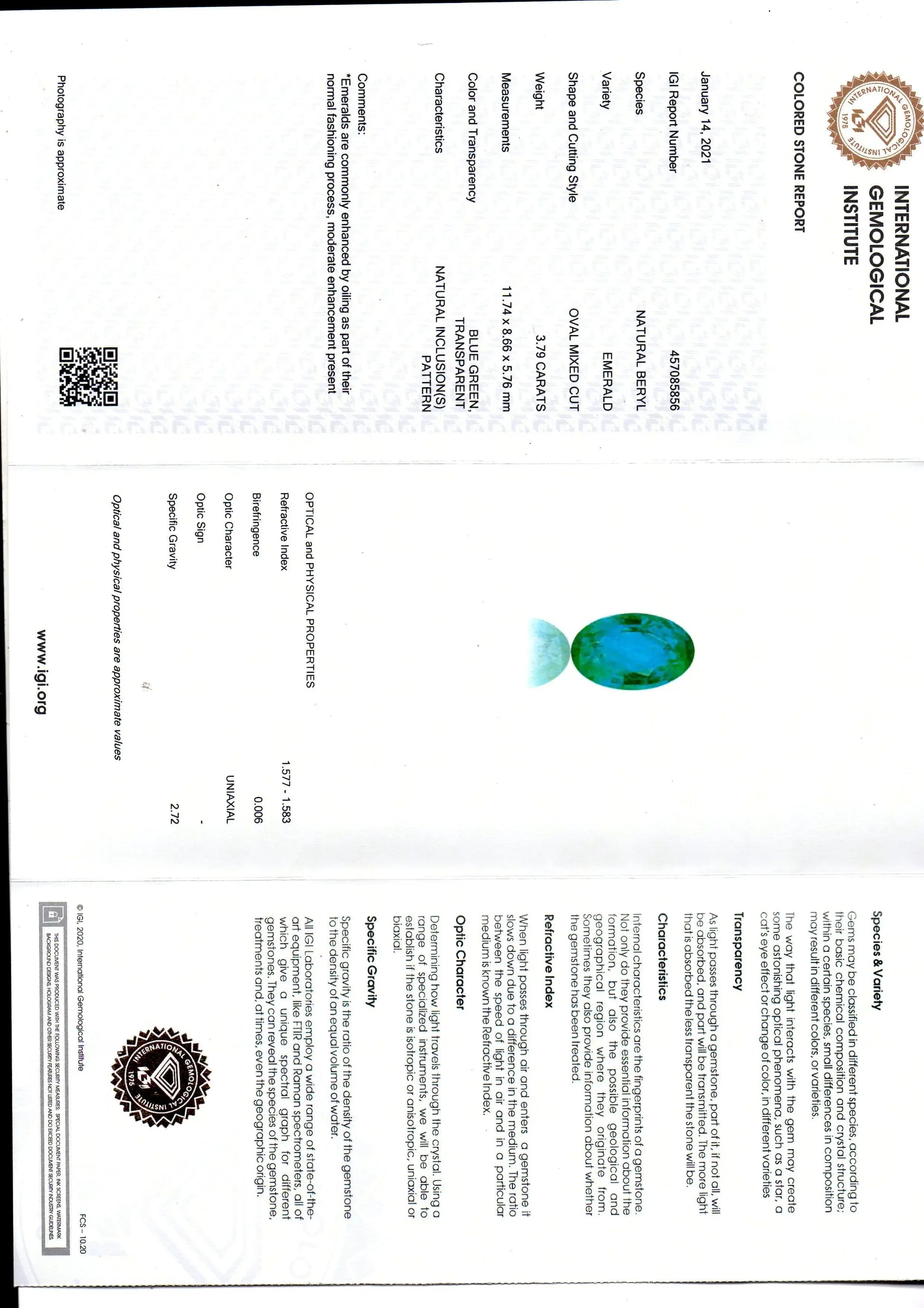 3.79 Ct IGI Certified Untreated Natural Zambian Emerald Gemstone - Venus Gems