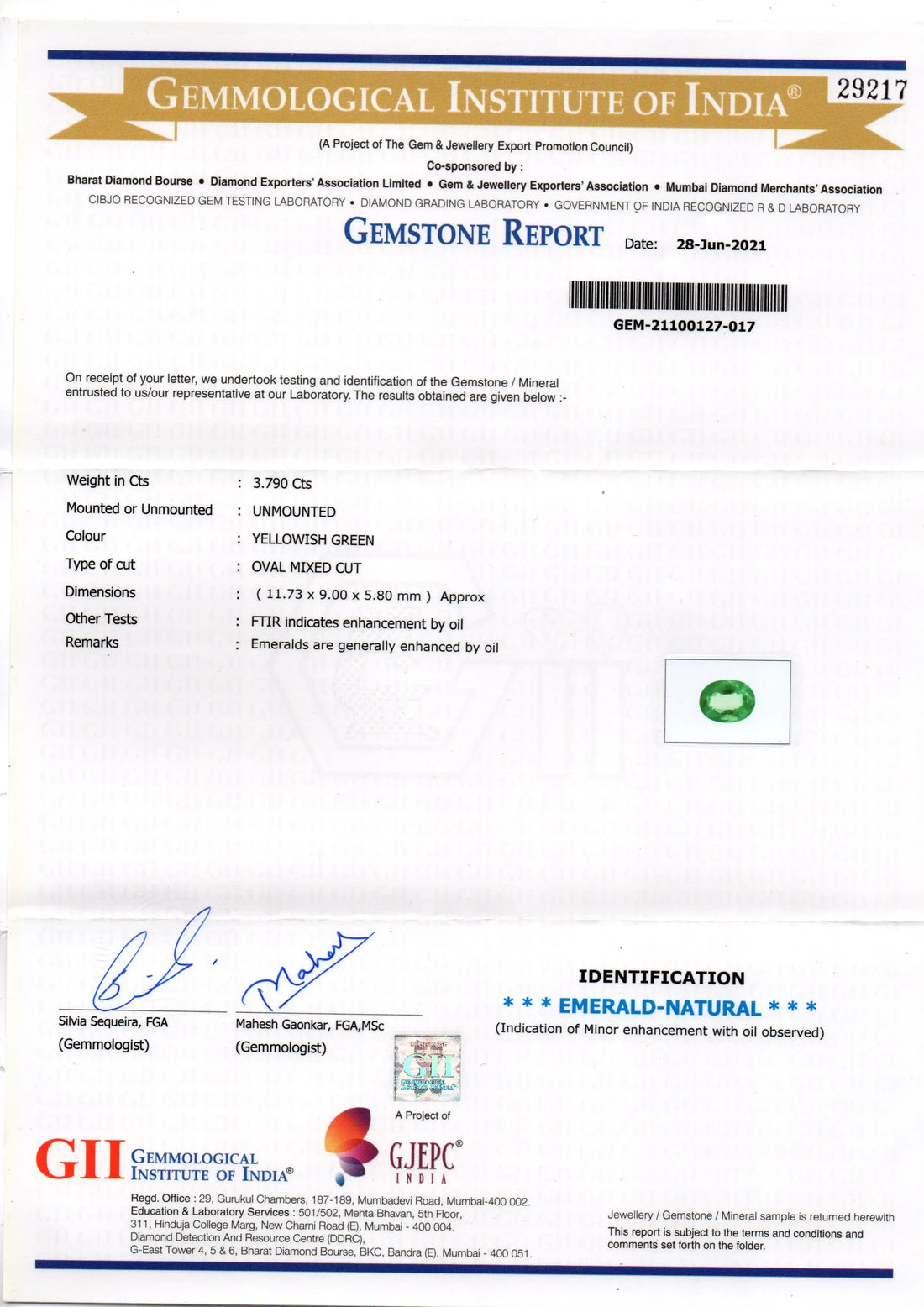 3.79 Ct GII Certified Untreated Natural Zambian Emerald Gemstone AAAAA - Venus Gems