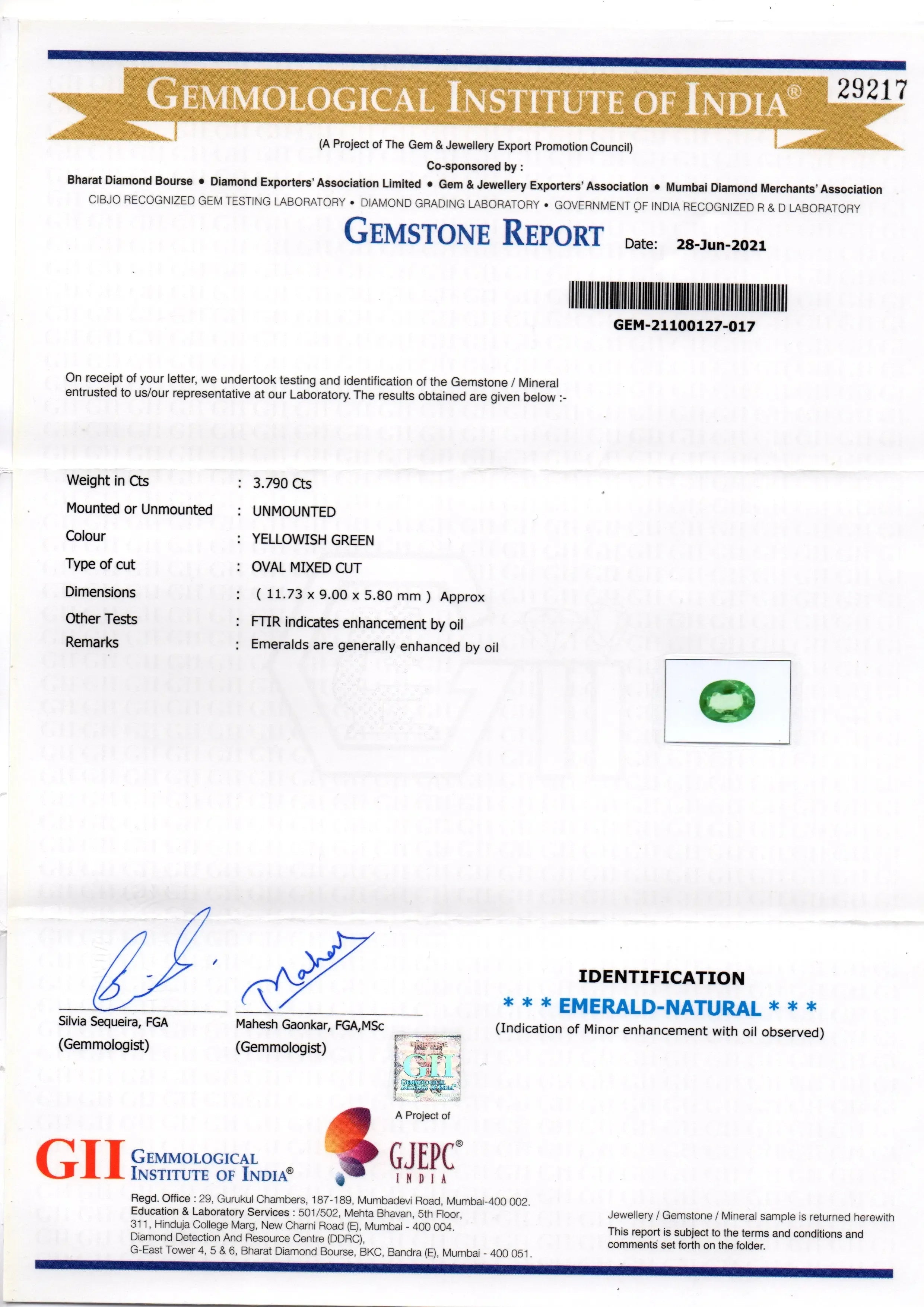 3.79 Ct GII Certified Untreated Natural Zambian Emerald Gemstone AAAAA - Venus Gems